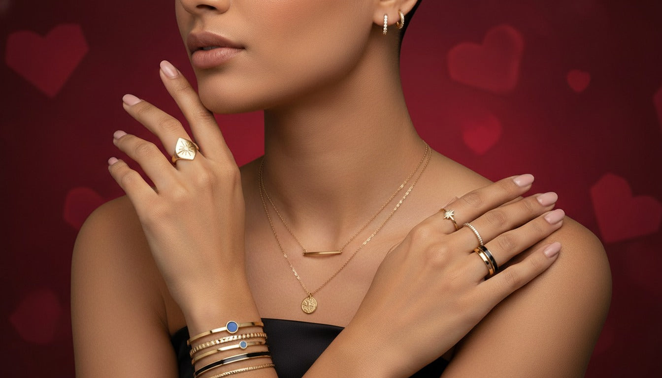 Luxury Valentine’s Day jewellery gift guide featuring elegant gold plated necklaces, earrings, bracelets, and rings by Glistia