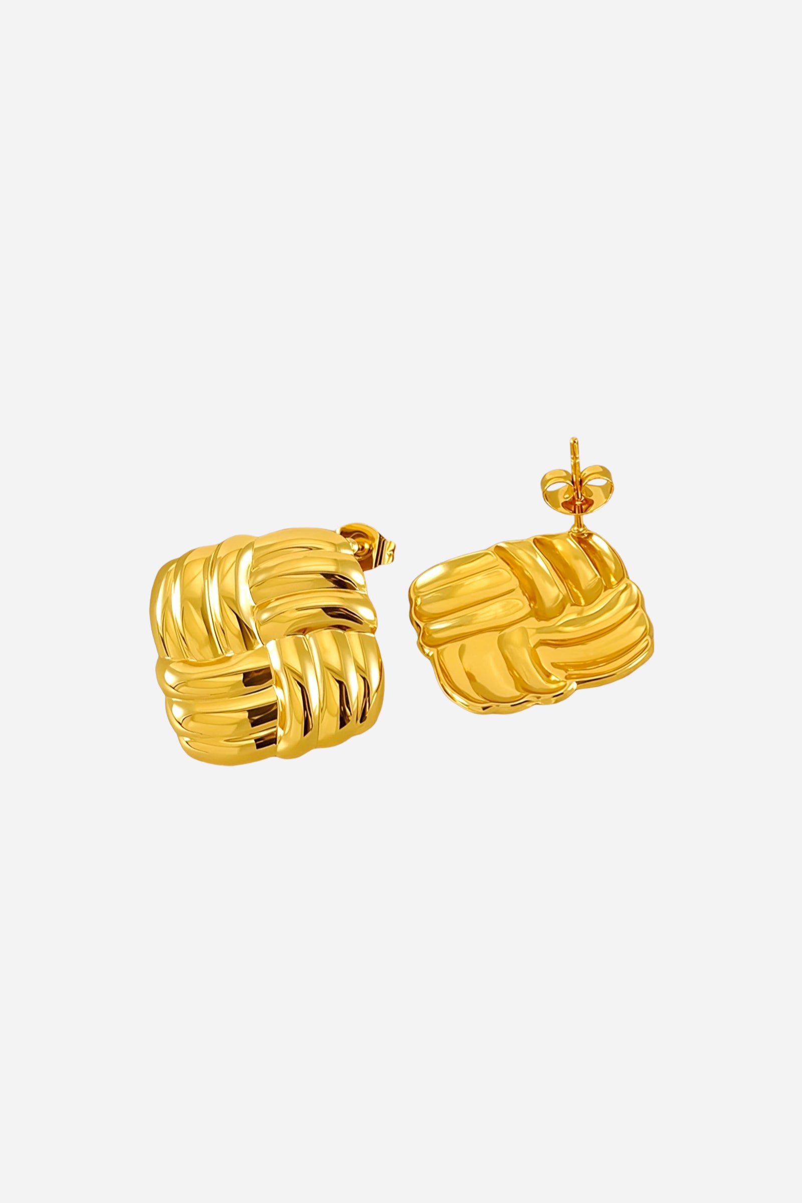Angled view of gold woven square stud earrings made from stainless steel with a polished PVD 18K gold plated finish, showcasing interlaced texture and reflective shine – GLISTIA.