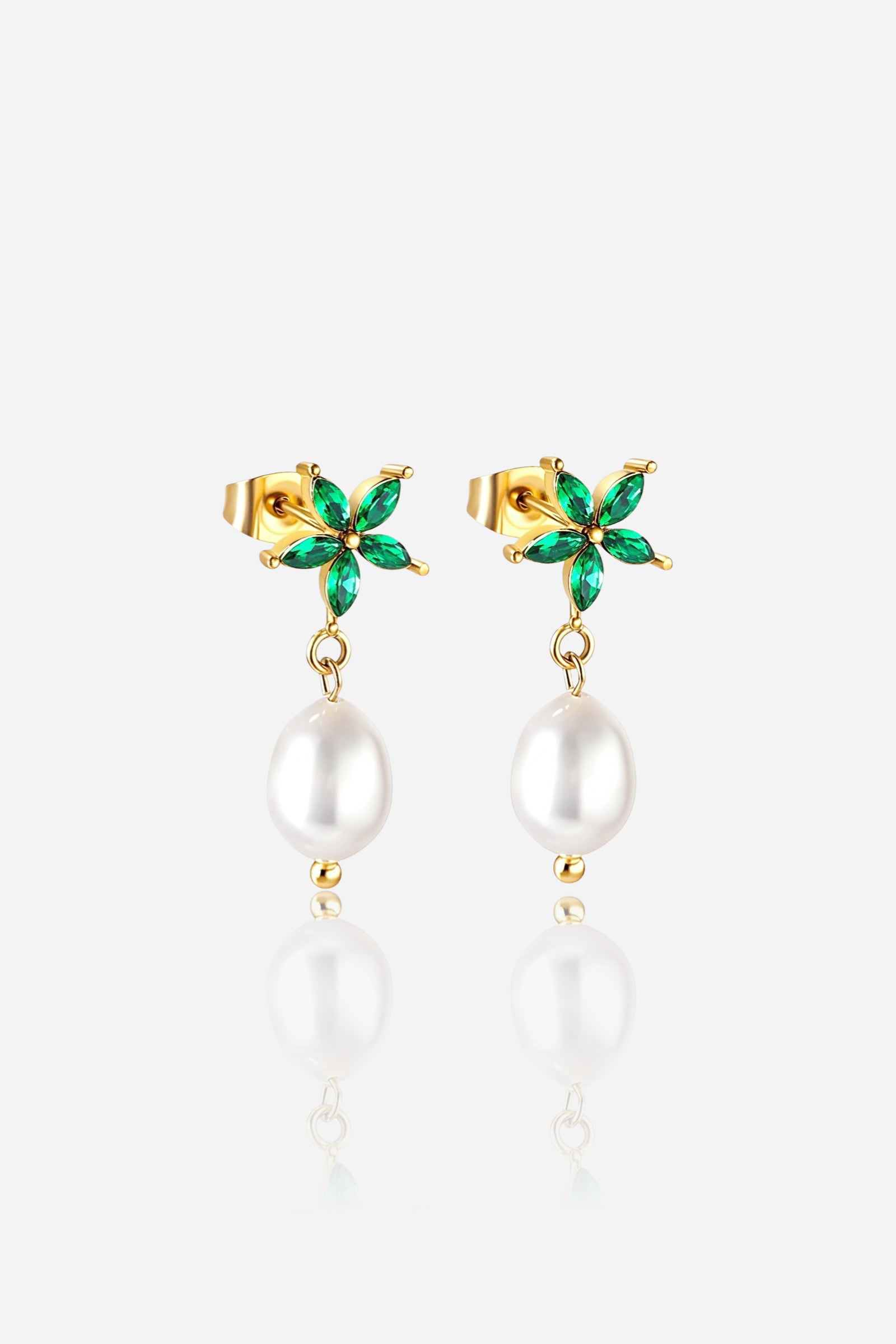 Floral emerald and pearl drop earrings crafted from stainless steel with PVD 18K gold plating, featuring green marquise-cut stones arranged in a flower design and a lustrous white pearl pendant – GLISTIA.