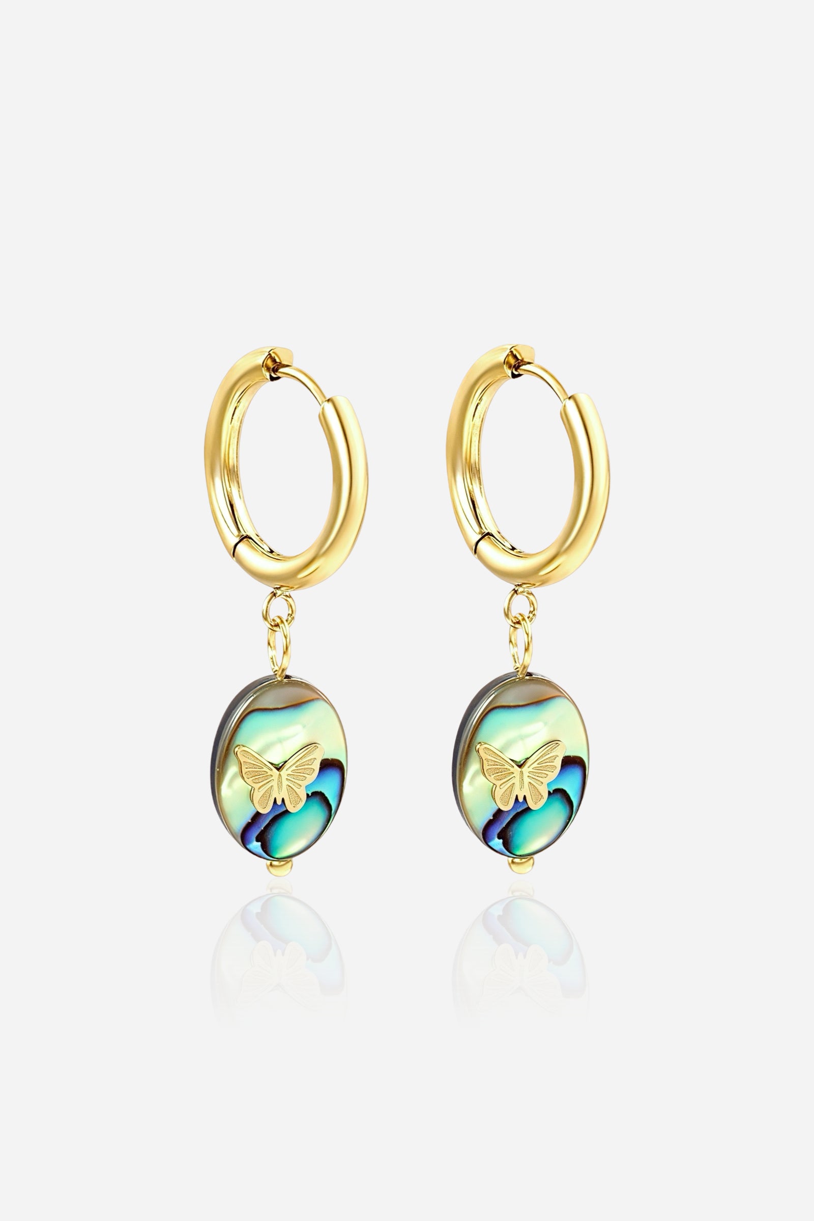 GLISTIA Abalone Shell Butterfly Drop Earrings in 18K gold-plated stainless steel featuring iridescent abalone stone with gold butterfly charm