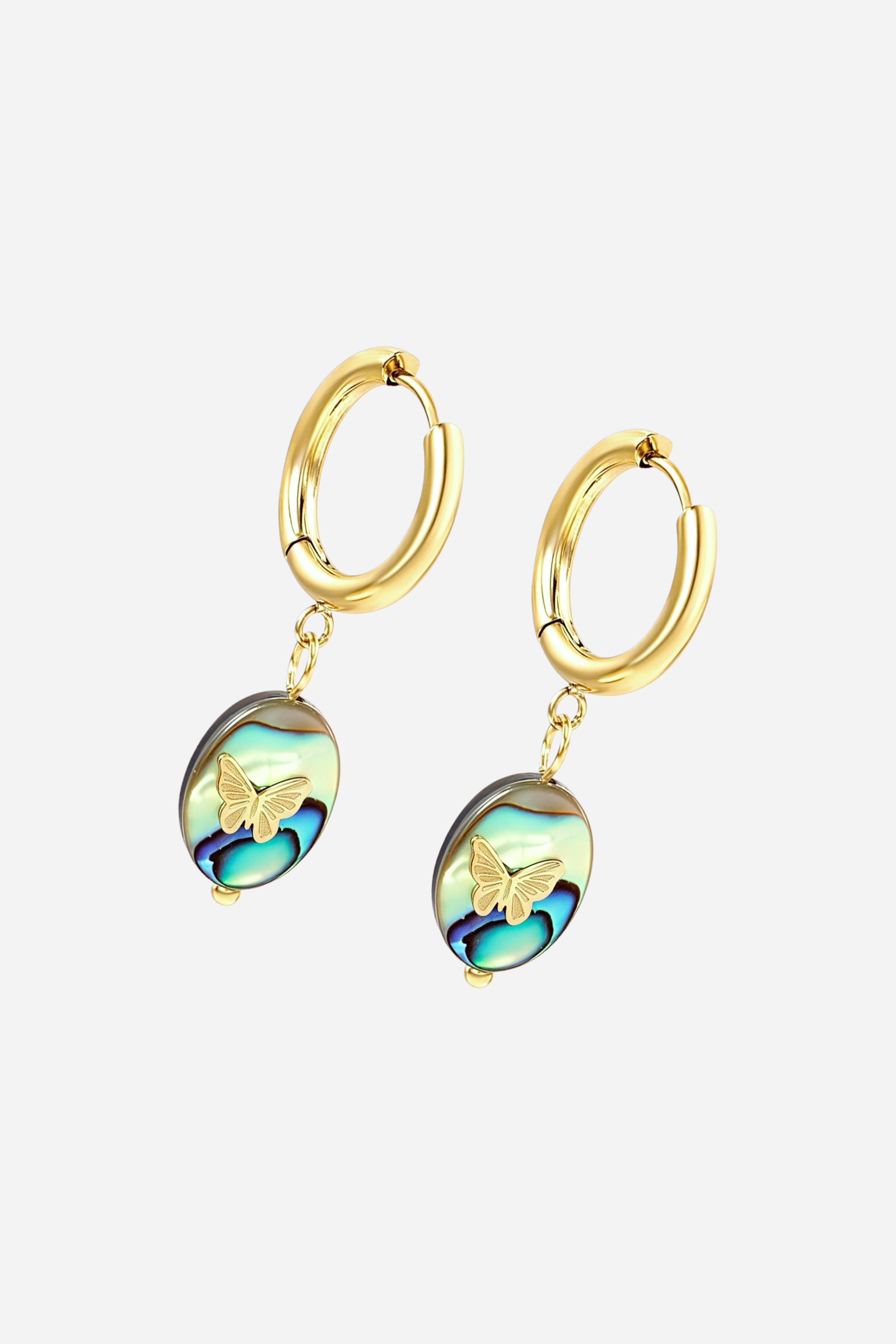 Oval abalone shell drop earrings with gold butterfly charm, crafted from 18K PVD gold-plated stainless steel - GLISTIA.
