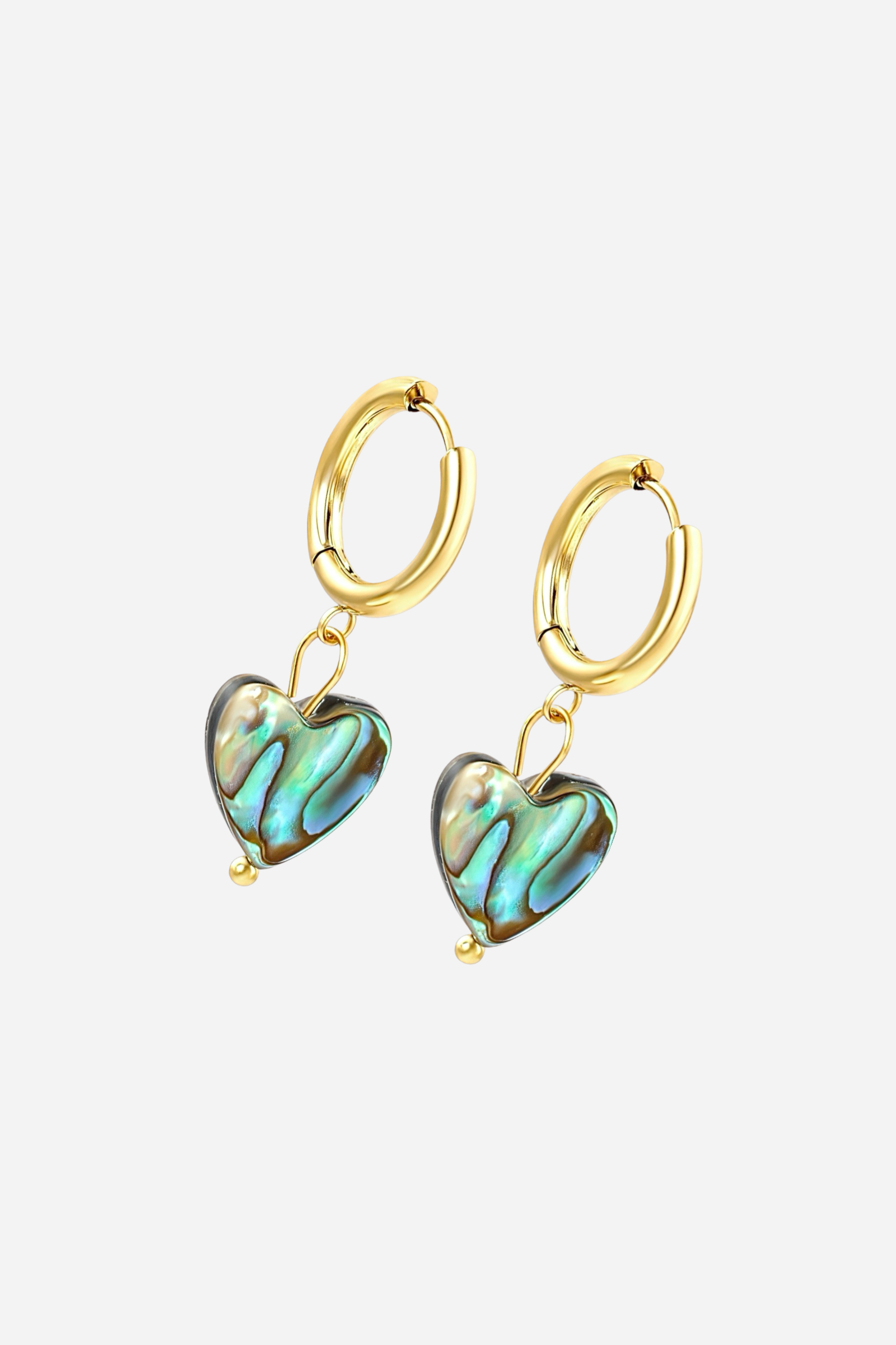 Close-up of Abalone Shell Heart Drop Earrings crafted from PVD 18K gold-plated stainless steel, featuring iridescent abalone heart charms and polished gold hoops – GLISTIA.