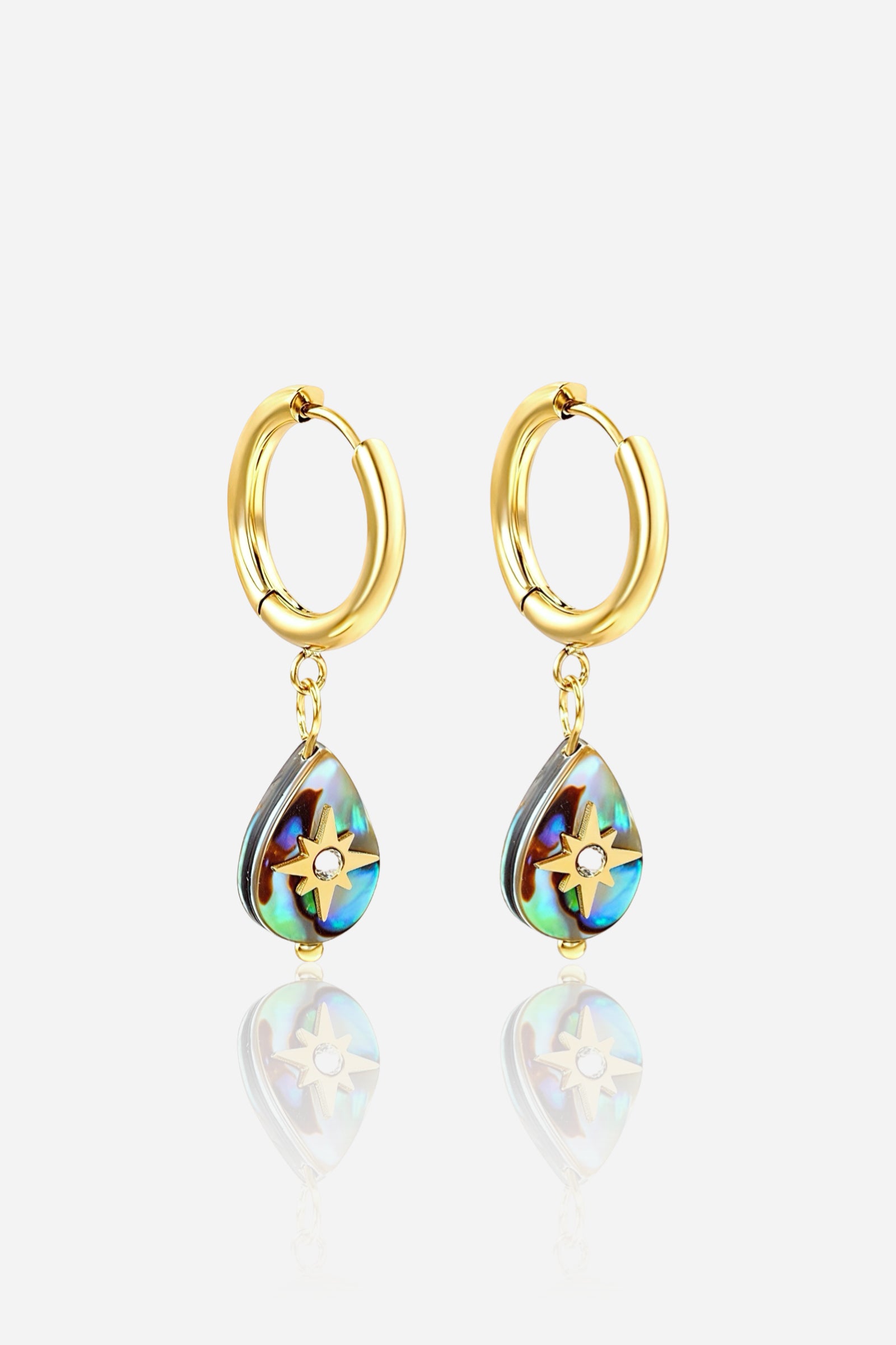 18K gold-plated stainless-steel hoop earrings featuring teardrop abalone shell charms adorned with a golden sunburst and crystal centre – GLISTIA.
