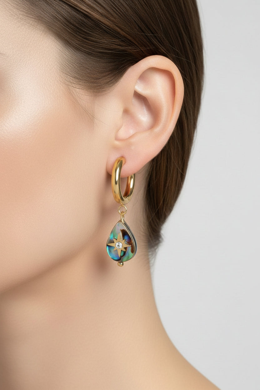 Abalone shell sunburst drop earrings worn on ear in 18K PVD gold plated stainless steel