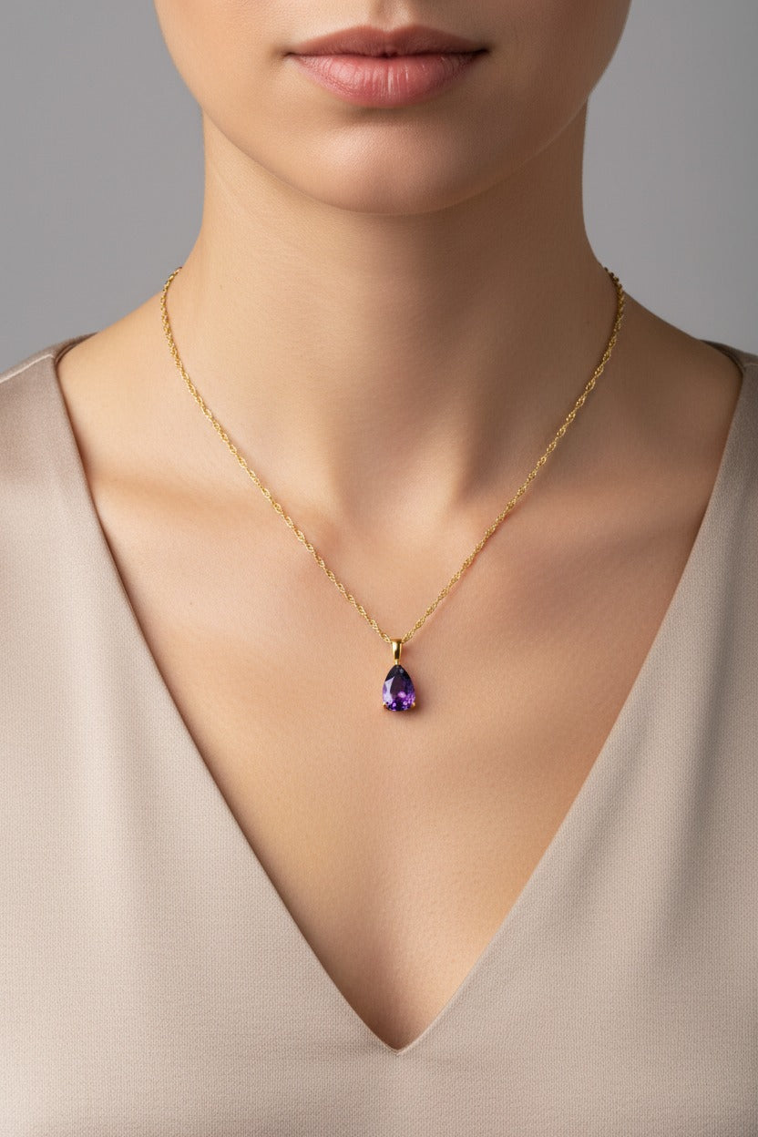 Amethyst birthstone pendant necklace for February with purple zircon in 18K PVD gold plated stainless steel