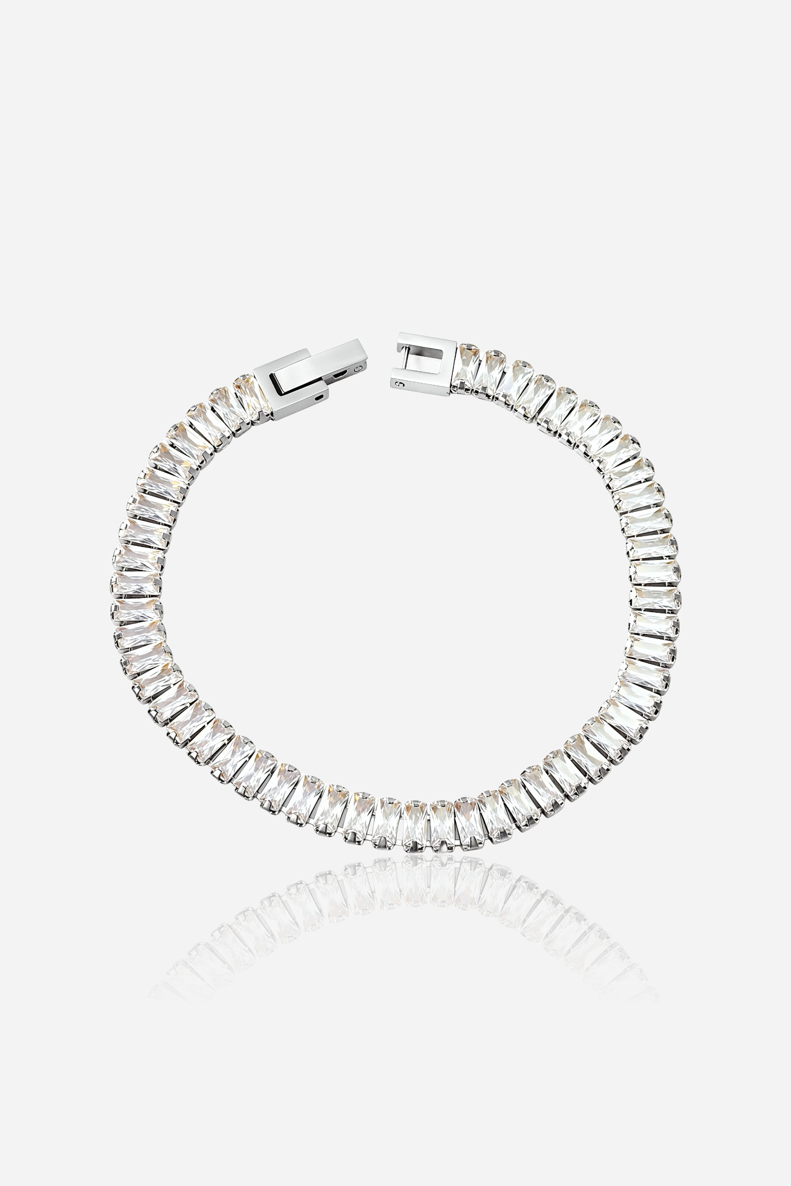 GLISTIA Aurora baguette tennis bracelet in polished silver stainless steel shown from the front with continuous baguette-cut cubic zirconia.