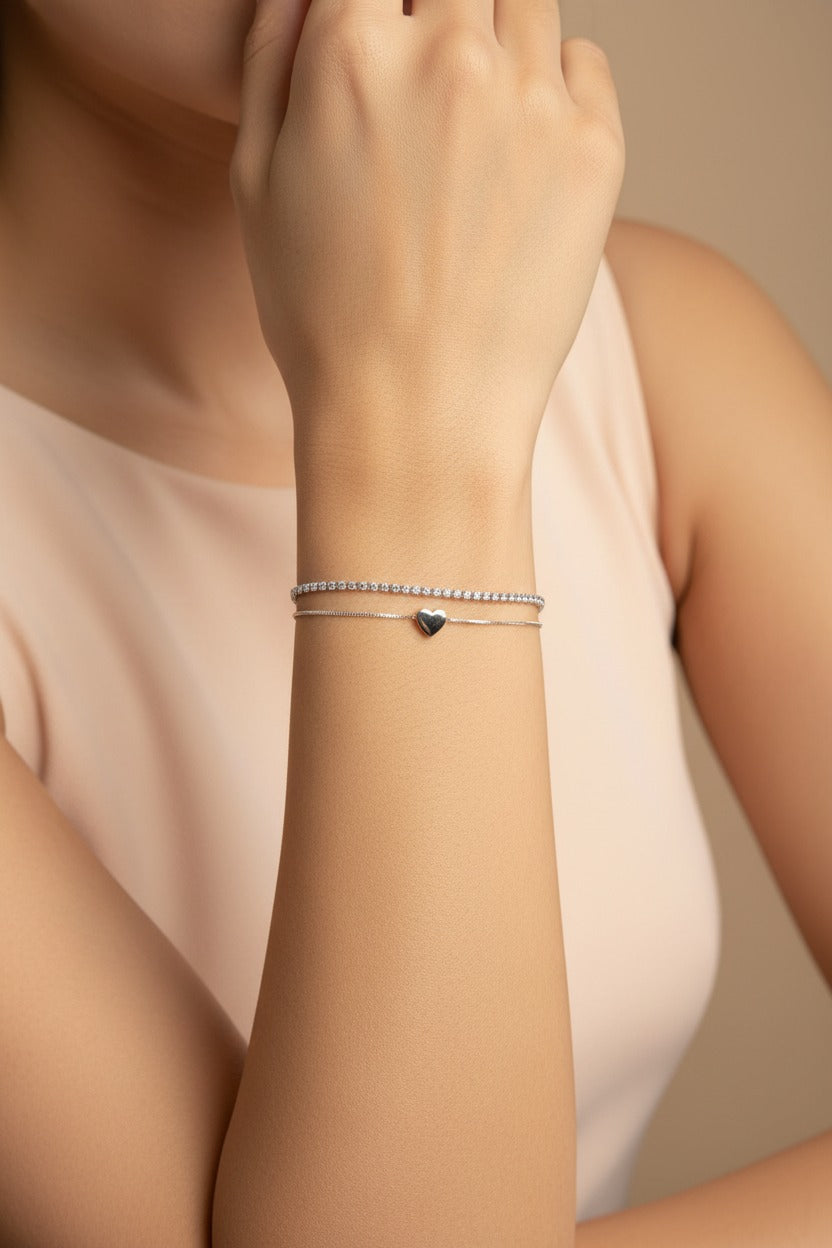 Aurora Double Chain Heart Tennis bracelet in stainless steel with elegant crystal heart detailing