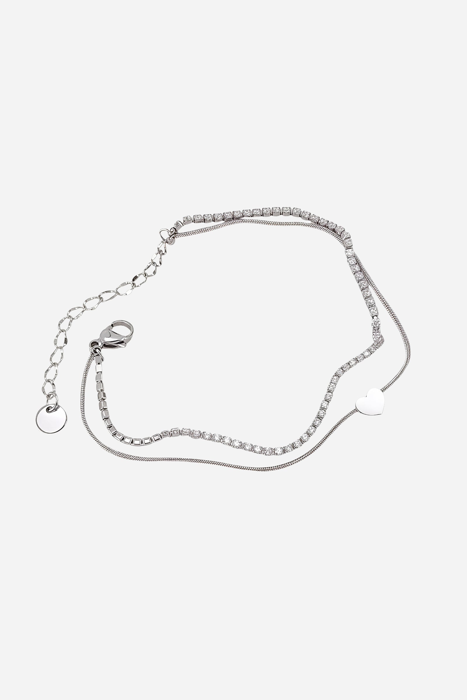 Top-view of GLISTIA’s Aurora bracelet featuring a sleek dual chain design, heart charm and shimmering tennis stones.