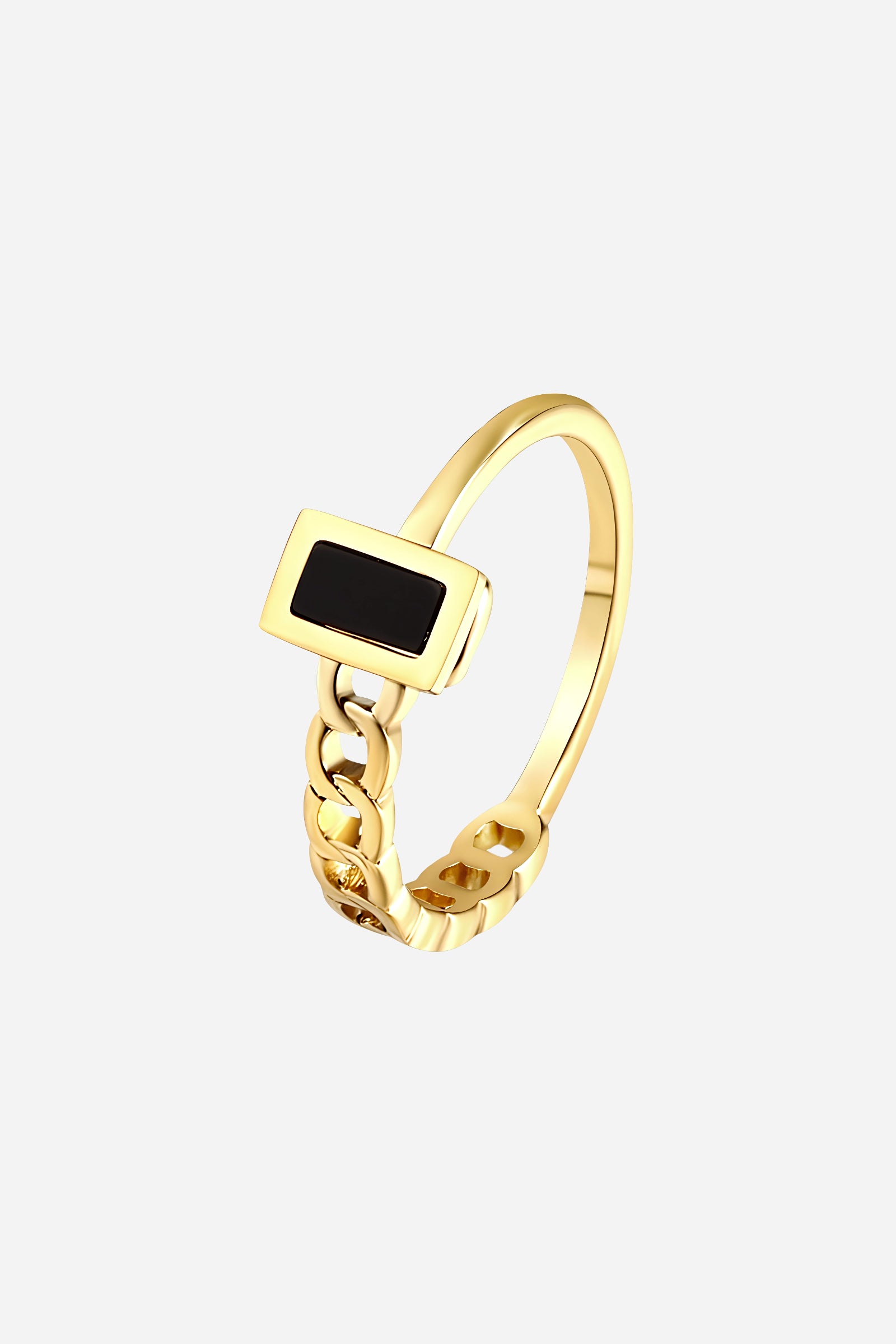 Side-angle image of GLISTIA Black Enamel Chain Ring showcasing the chain-style links and bold enamel accent.
