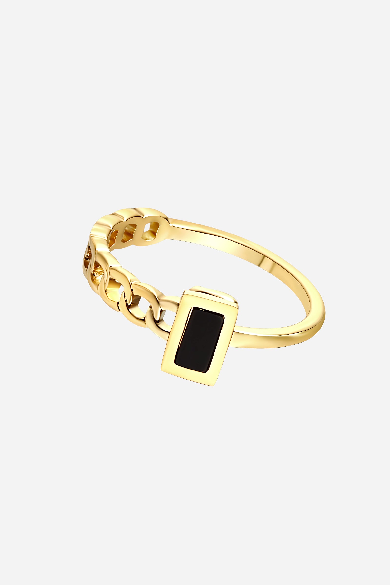 Top-view of GLISTIA gold chain ring featuring a sleek black enamel bar and linked band design.