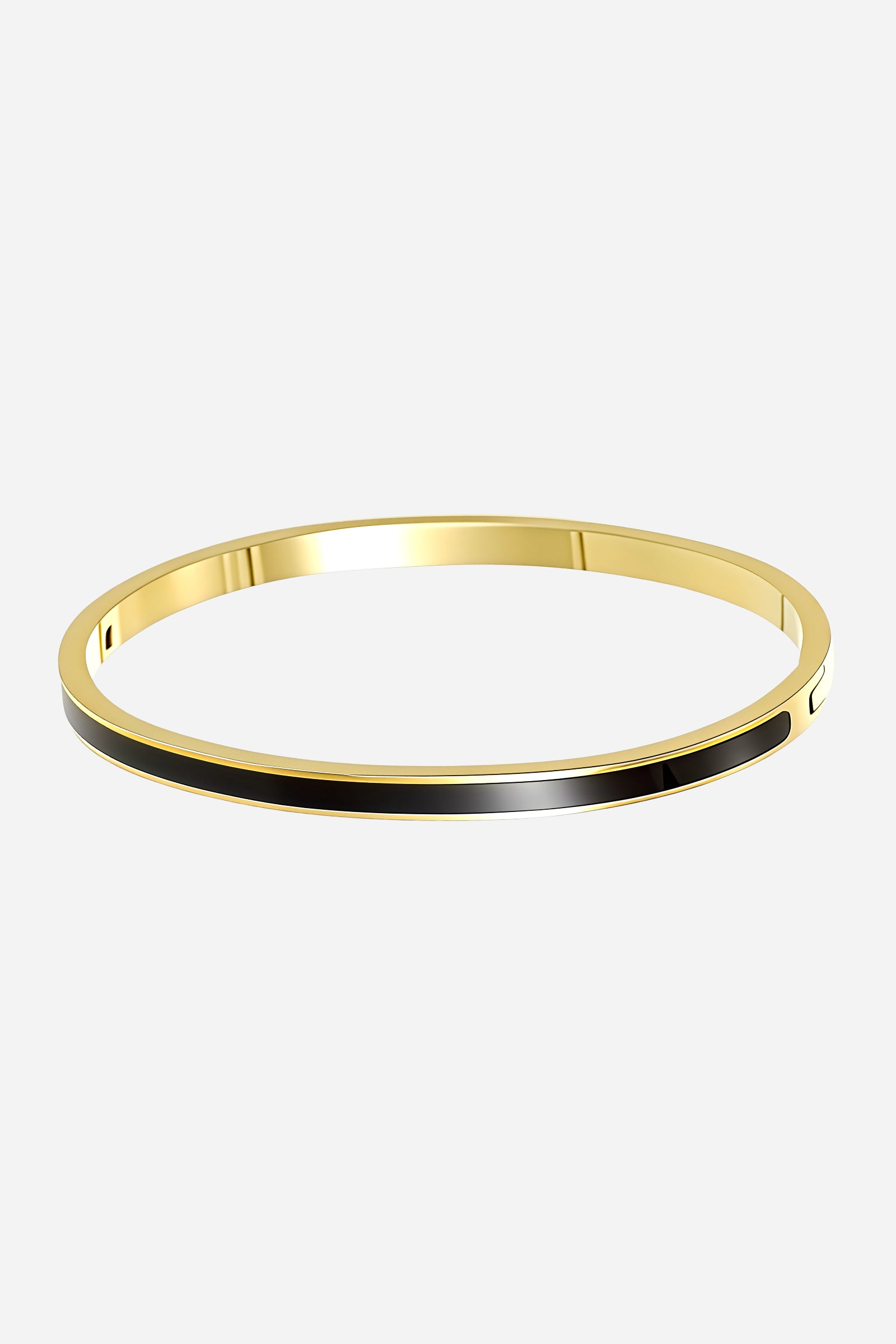 Front view of GLISTIA’s Black Enamel Slim Bangle crafted from stainless steel with 18K PVD gold plating and a high-shine black enamel inlay along the band.