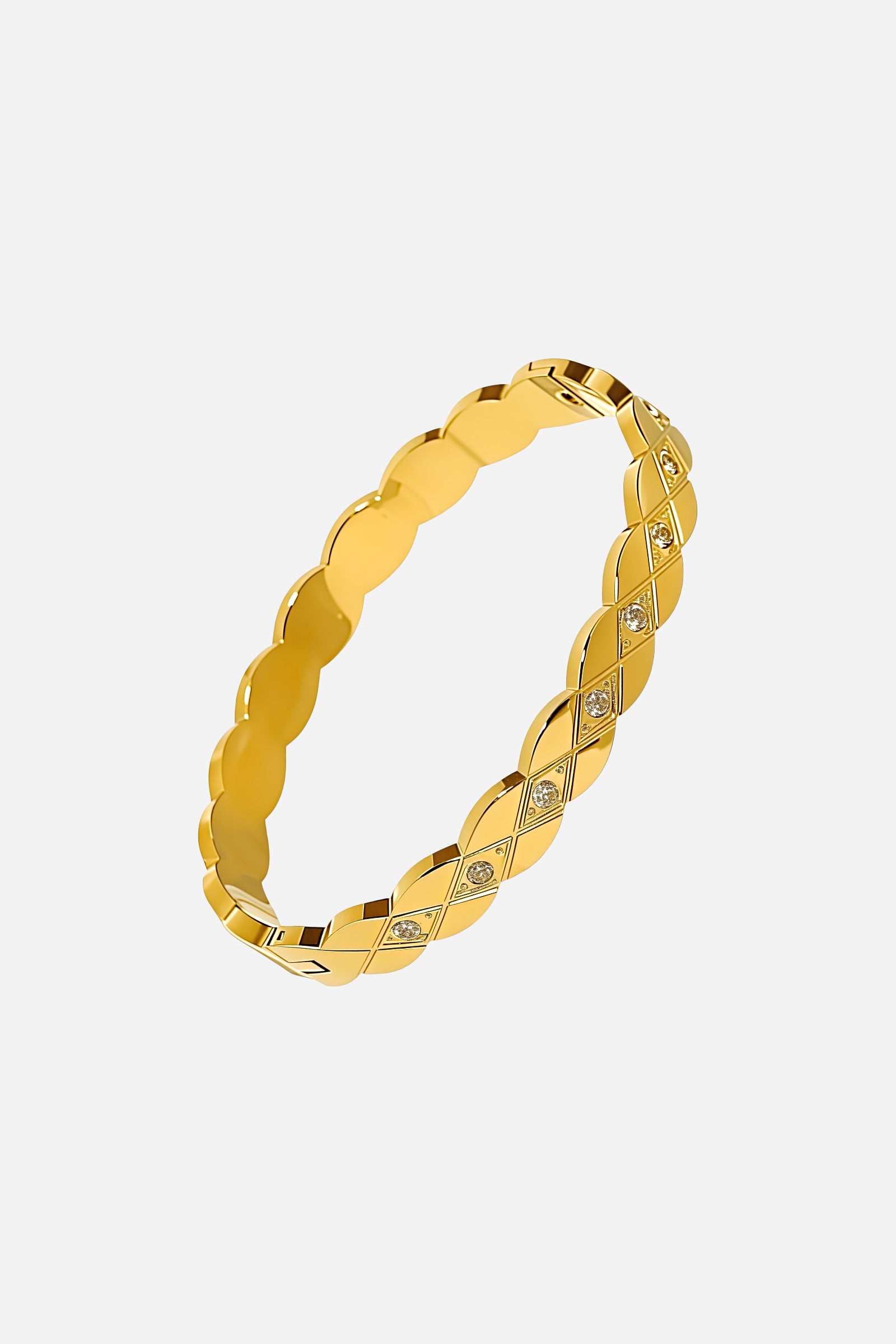 Side profile of braided pattern gold bangle with embedded cubic zirconia, high-polish 18K PVD gold plating – GLISTIA.