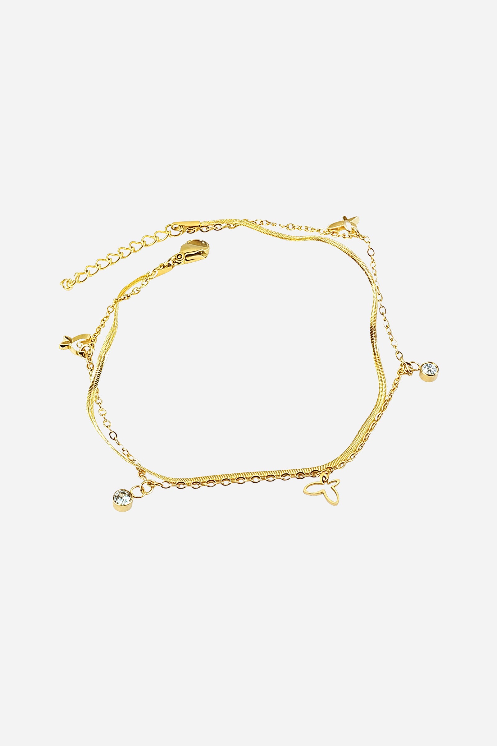 Front view of the Butterfly Charm Anklet made from stainless steel with PVD 18K gold plating, featuring crystal and butterfly charms – GLISTIA.