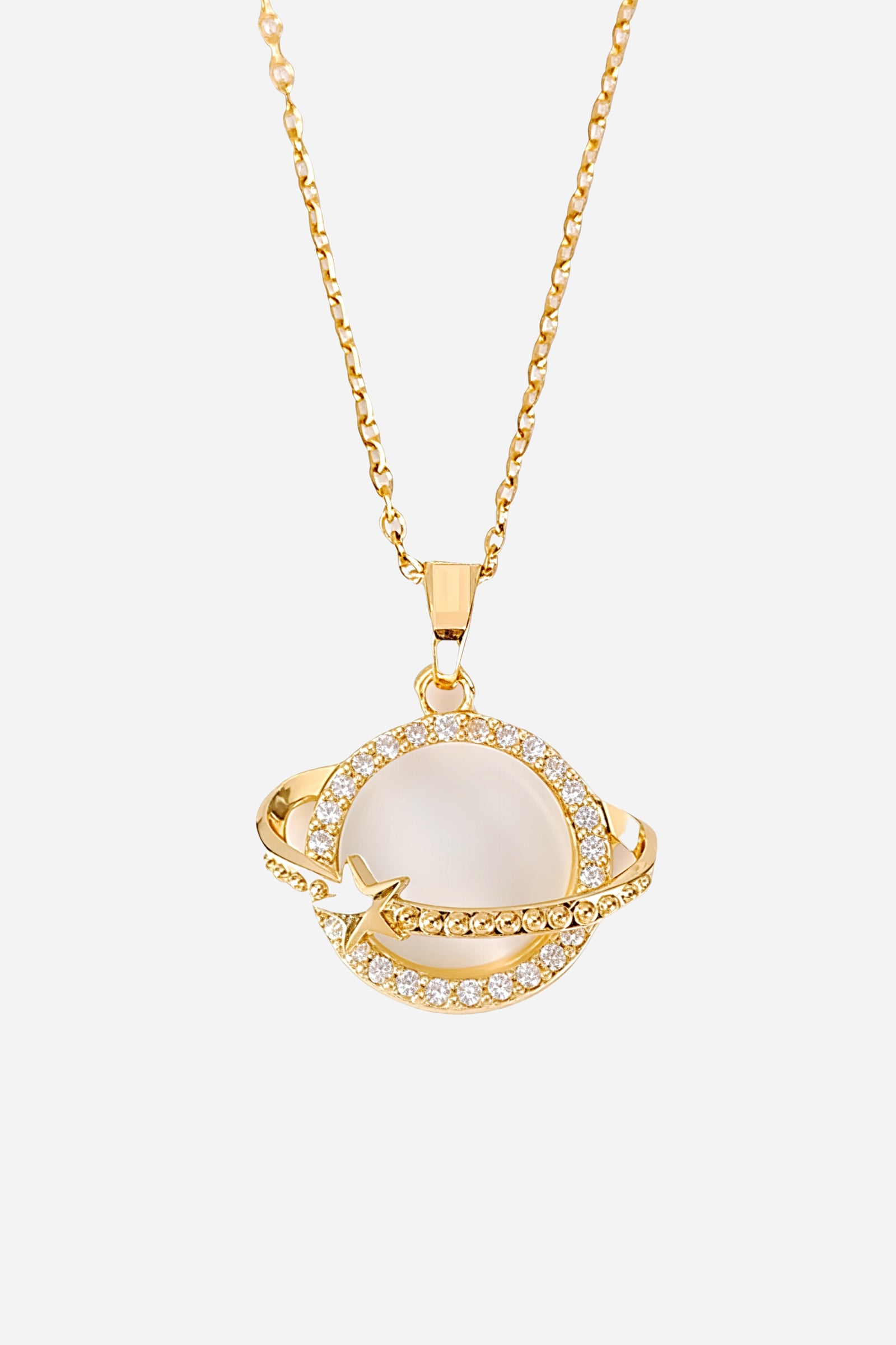 Front view of GLISTIA Celestial Orbit Pendant Necklace with gold-plated planet charm.