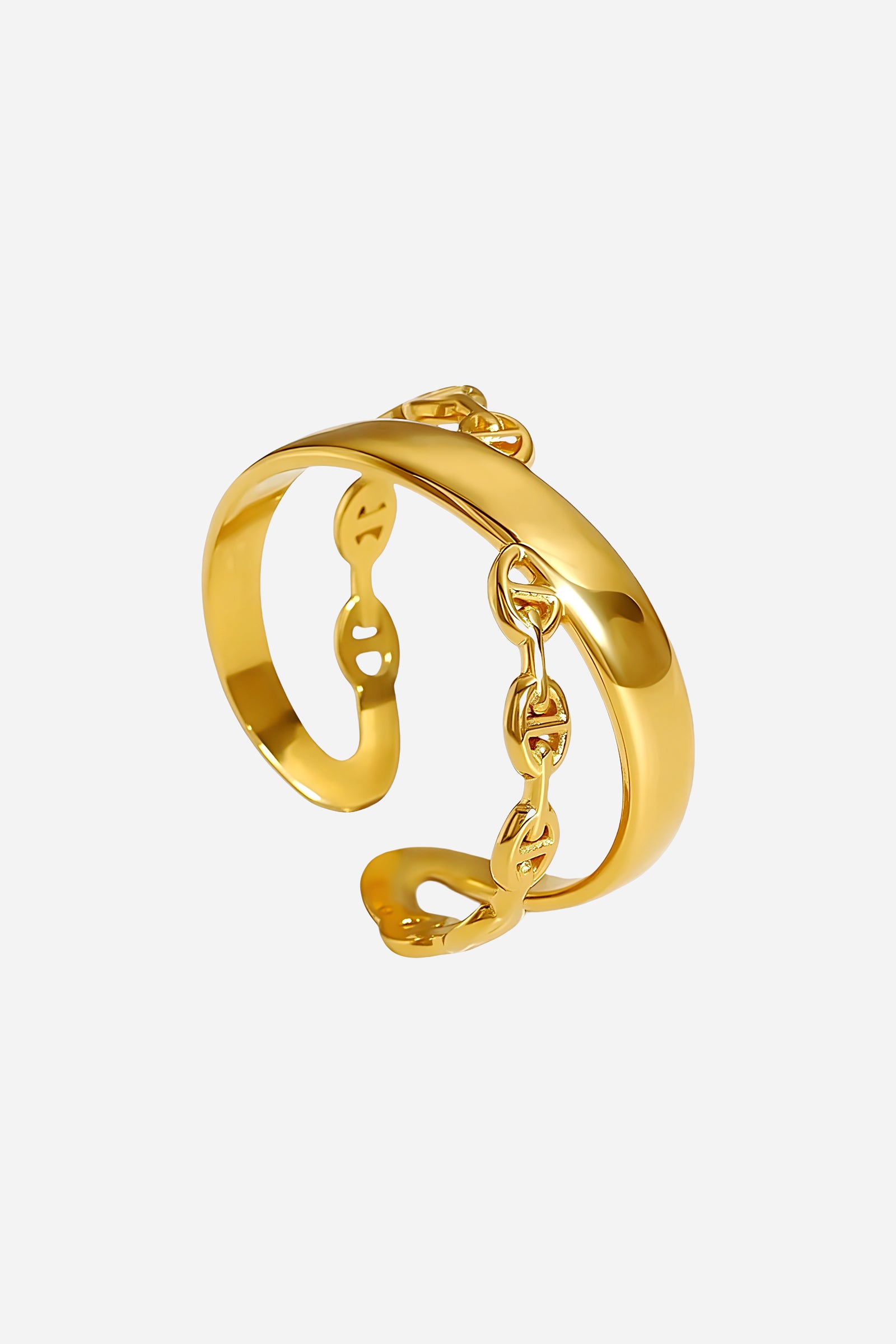 Close-up of GLISTIA PVD 18K gold plated adjustable ring highlighting the smooth reflective band and chain link structure.