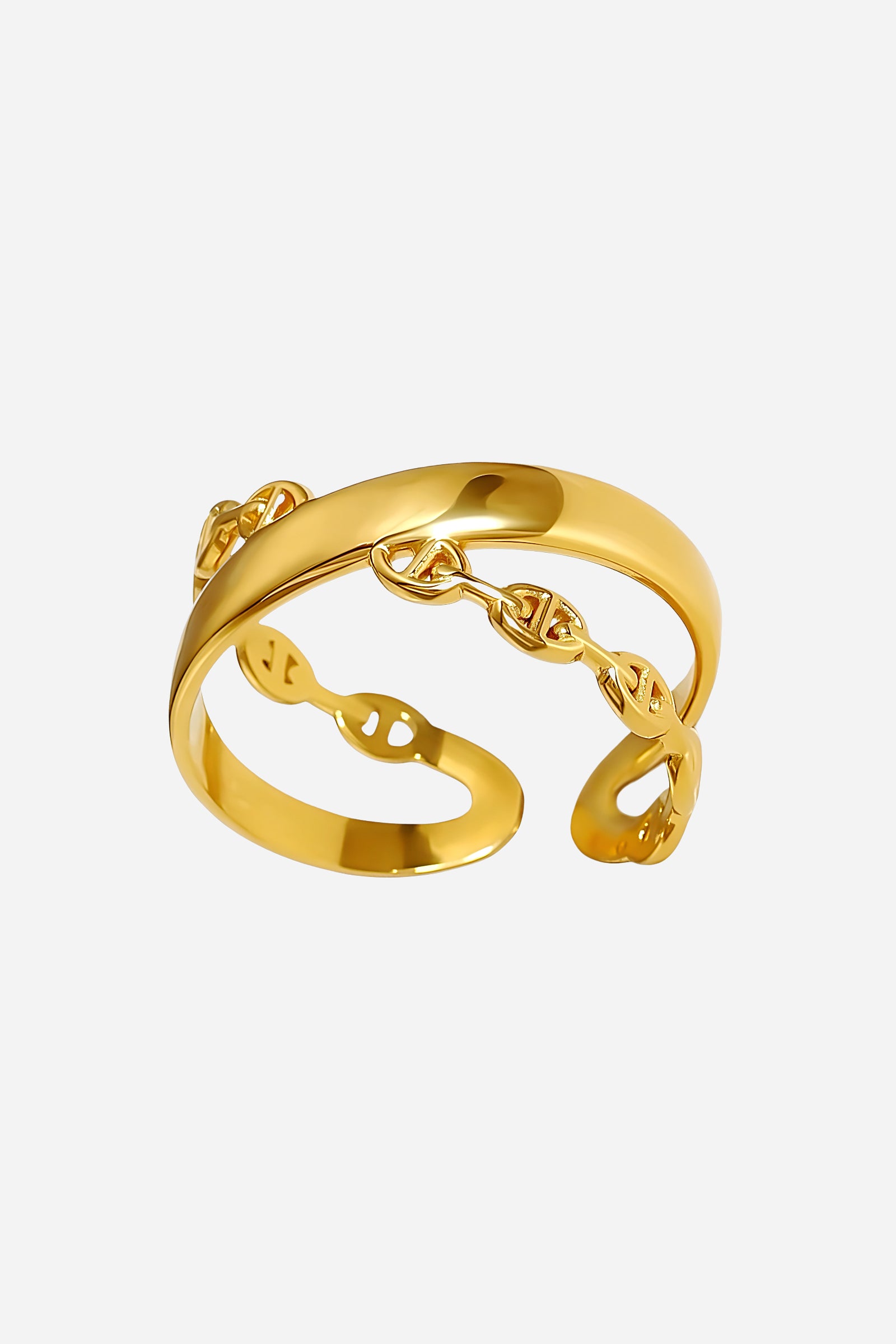 Top-view of GLISTIA gold chain link ring featuring a polished curved band and decorative chain accents.