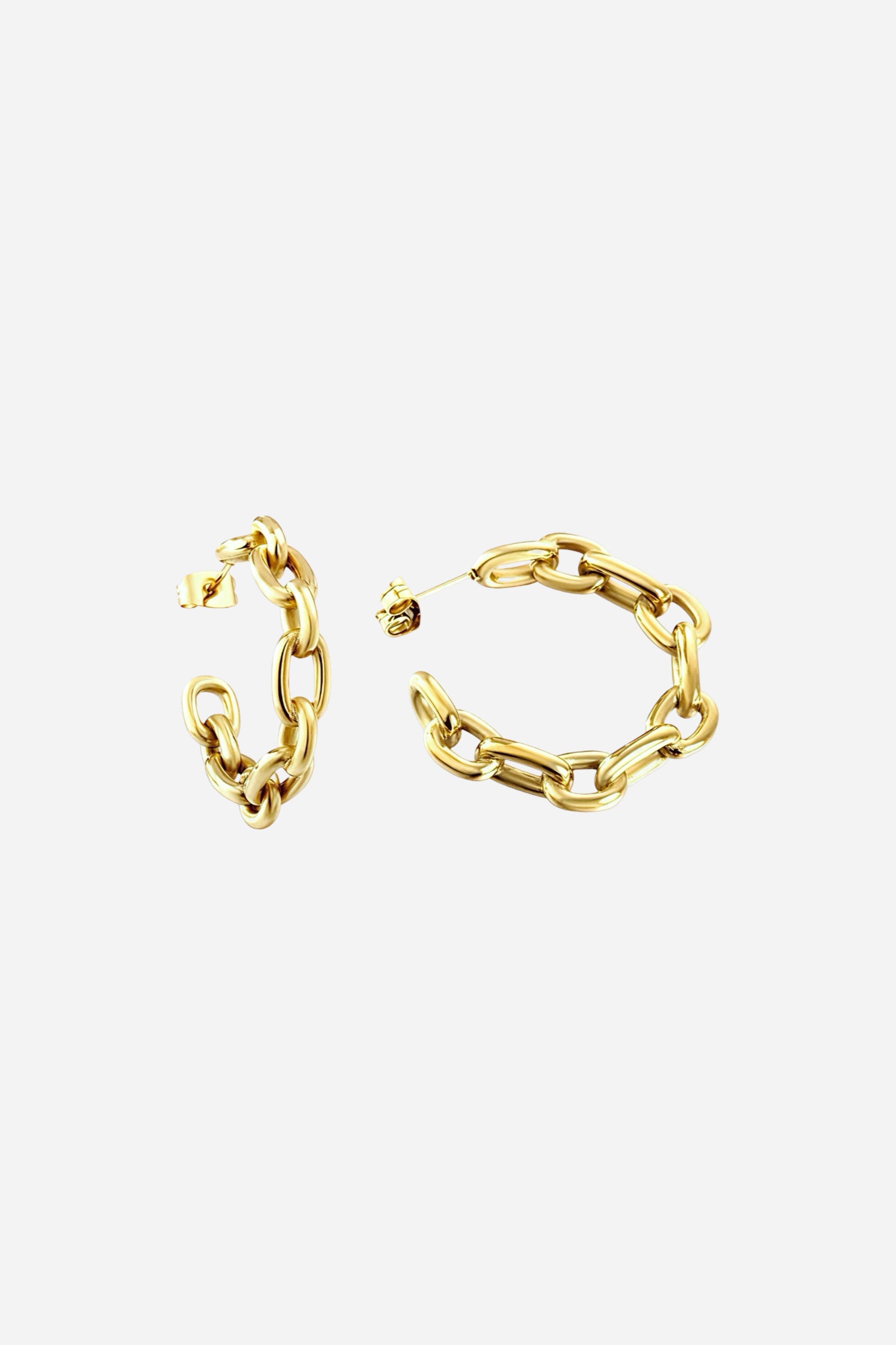 Top view of chain link hoop earrings in PVD 18K gold plated stainless steel – chunky modern statement hoops by GLISTIA