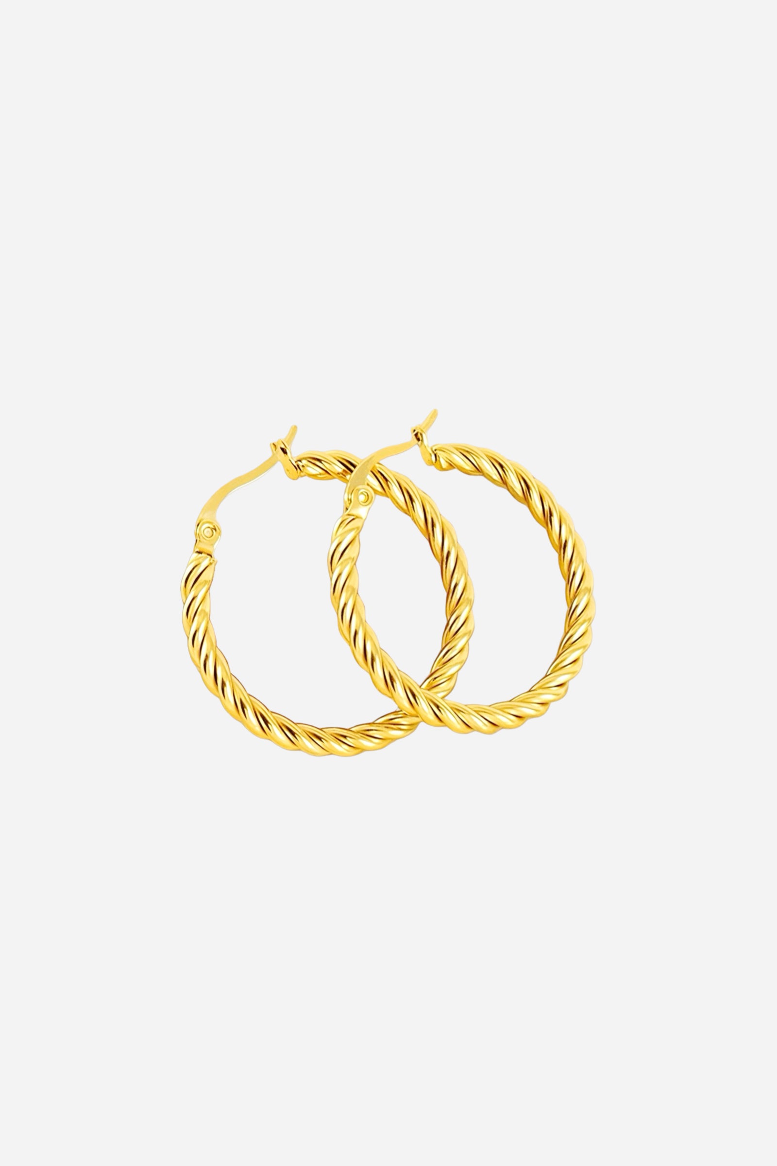 Front view of classic twisted rope hoop earrings crafted from stainless steel with a polished PVD 18K gold plated finish, featuring a smooth rope-like twist design and elegant rounded profile – GLISTIA.