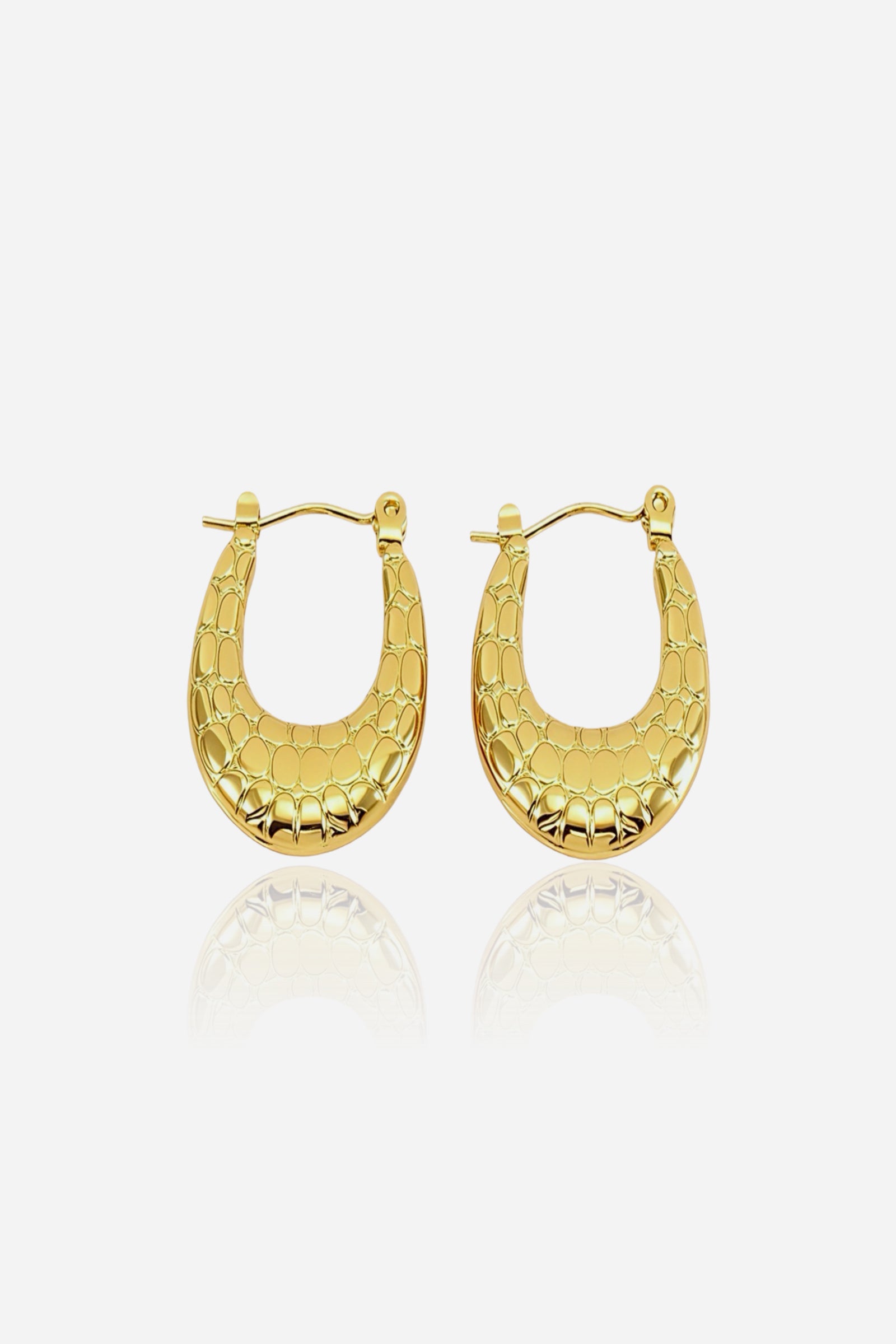 Crocodile texture hoop earrings crafted in stainless steel with a polished 18K gold plated finish, featuring a U-shaped crocodile-embossed design for a bold, textured statement – GLISTIA.