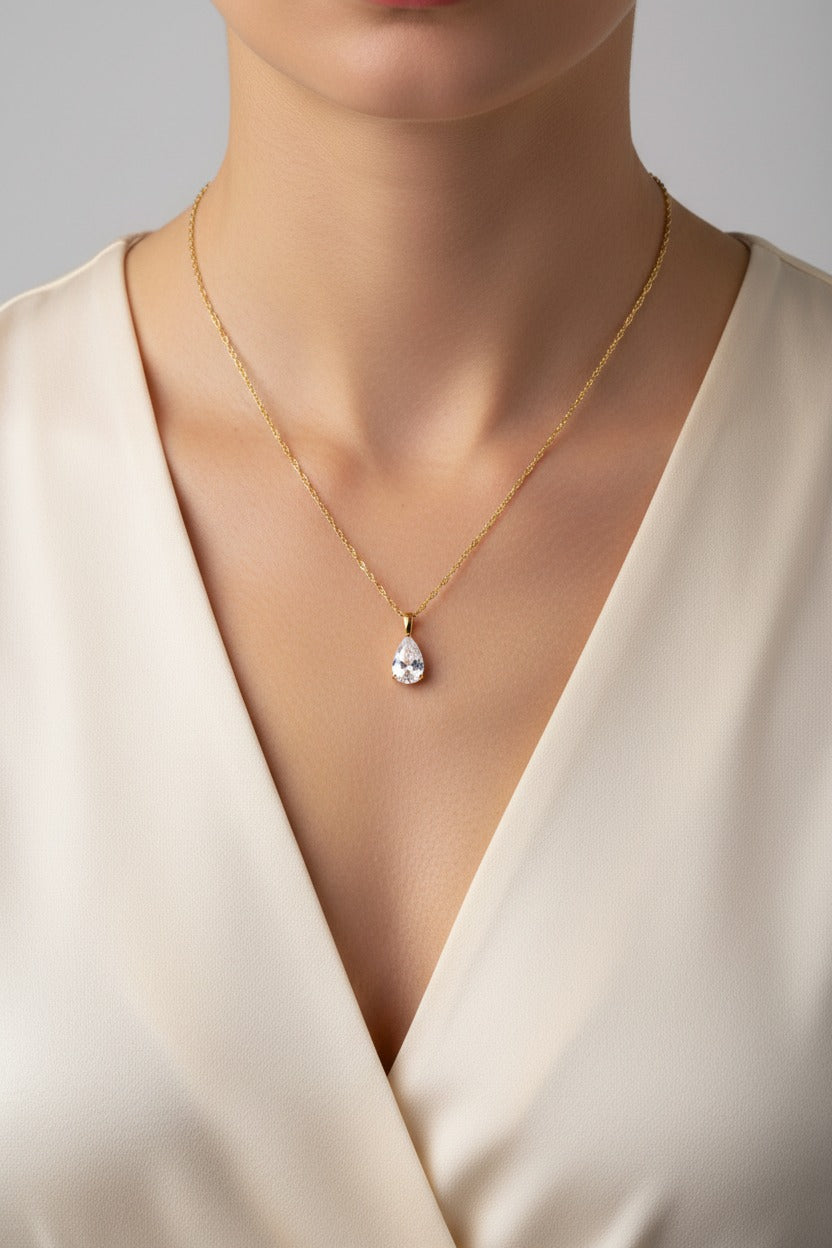 Crystal birthstone pendant necklace for April with clear zircon in 18K PVD gold plated stainless steel