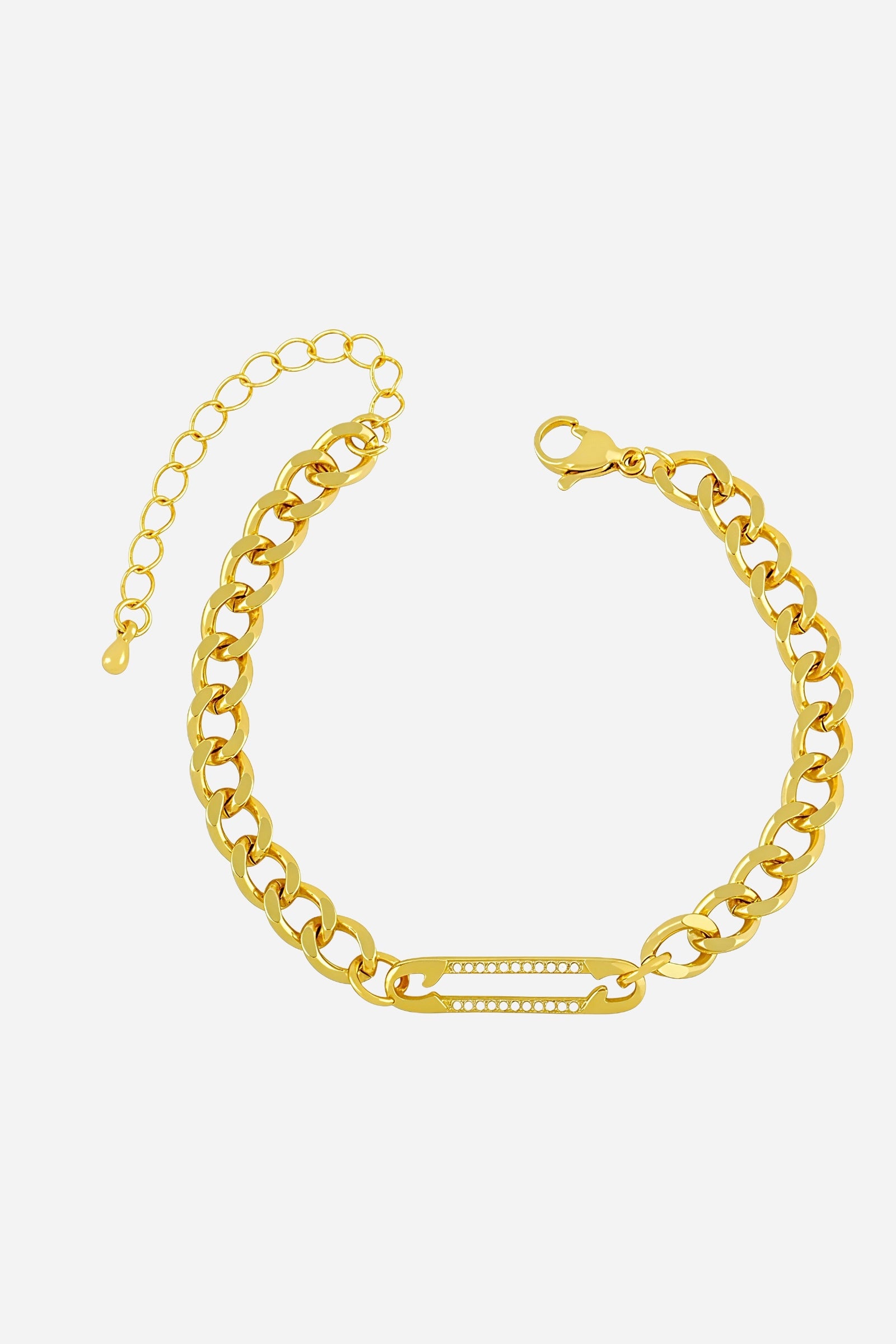 GLISTIA Cuban link chain bracelet with a crystal-accented bar detail in PVD 18K gold plating shown from the front.