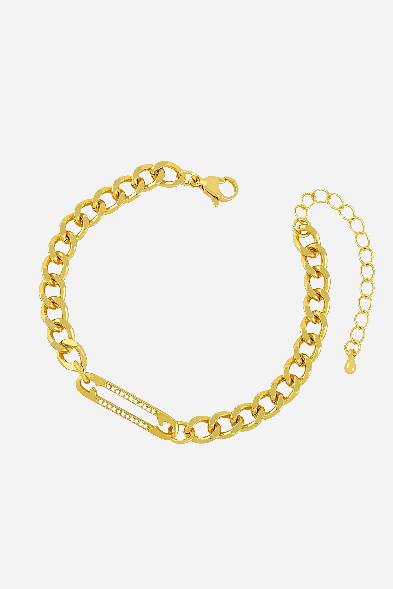 Top-view of GLISTIA’s gold Cuban link bracelet featuring a sleek bar centre with delicate crystal accents.