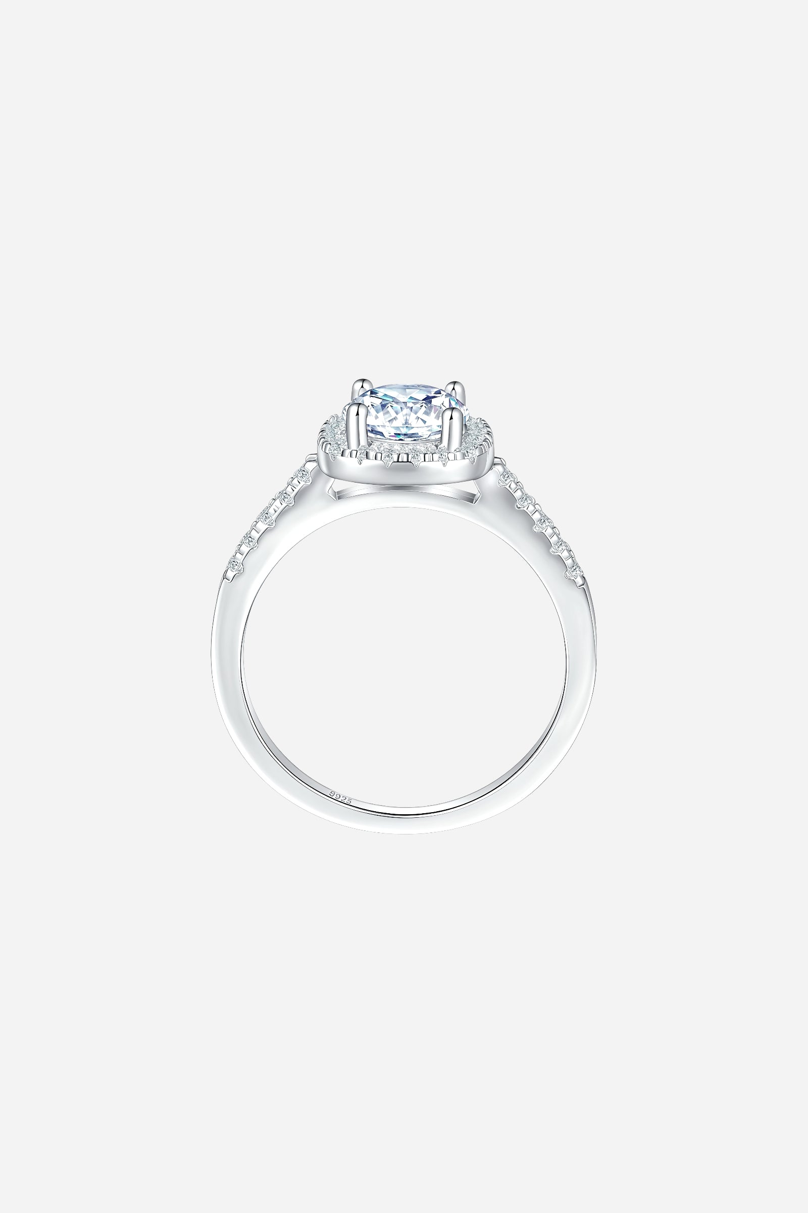 Side-angle image of GLISTIA Cushion Halo Zircon Double Band Ring showcasing the raised prong setting and double pavé bands.