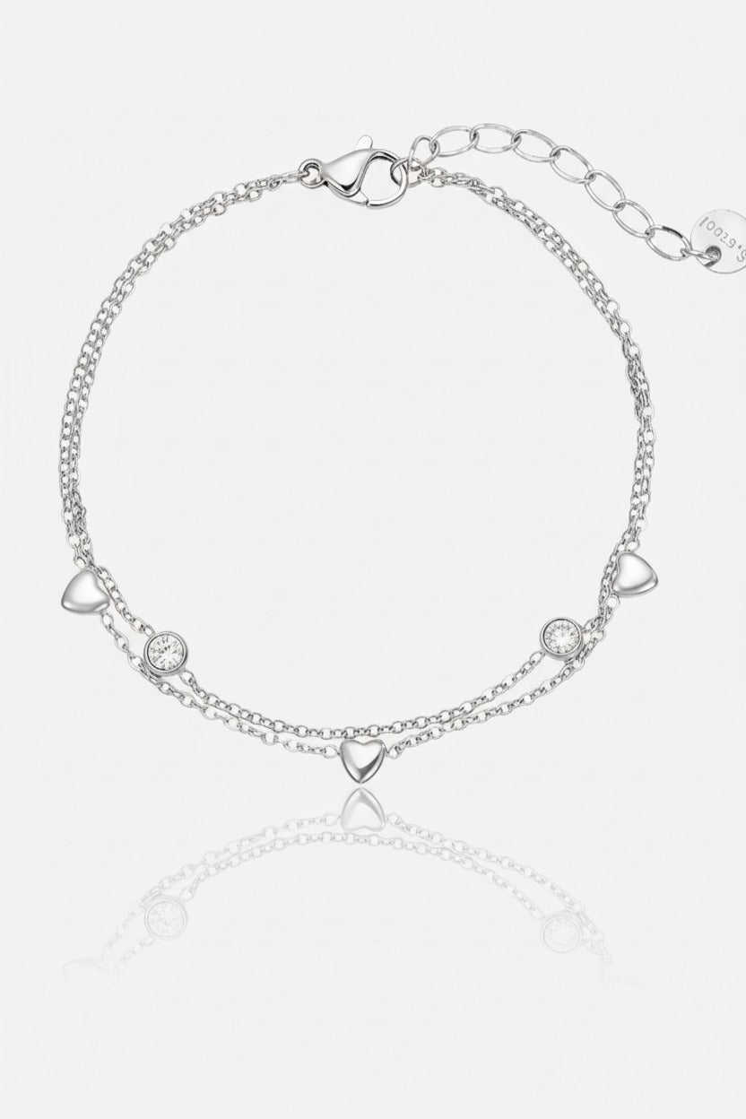 Double layer heart and crystal chain bracelet in stainless steel with elegant layered sparkle detailing