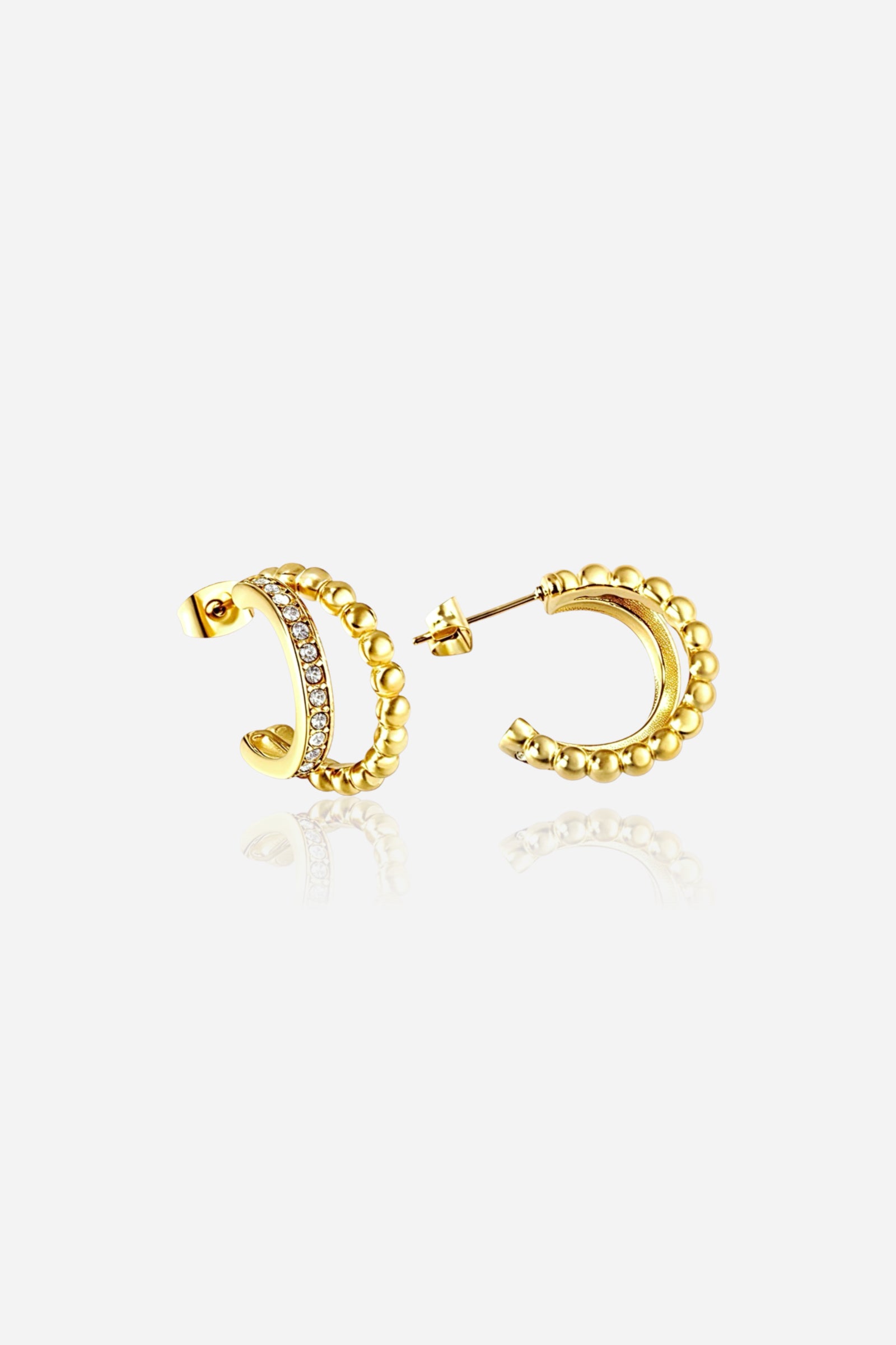 Front view of double row beaded hoop earrings in 18K gold plated stainless steel featuring crystal accents and polished finish – GLISTIA jewellery