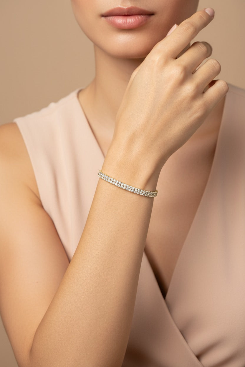 Double Row Tennis bracelet in 18K PVD gold plated stainless steel with elegant double-row crystal detailing
