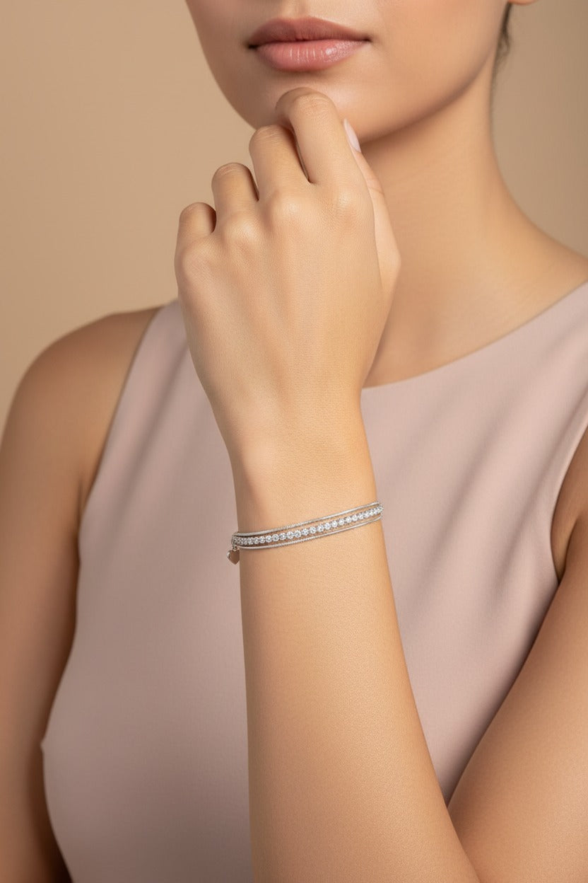 Dual Chain Tennis bracelet in silver stainless steel with elegant crystal chain detailing