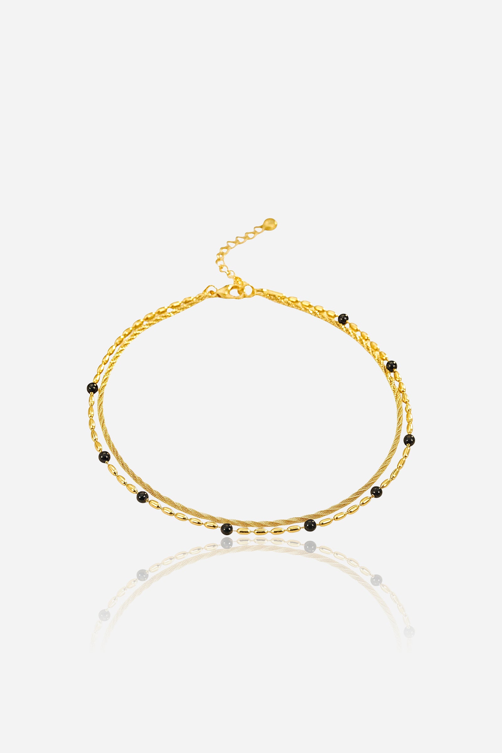 Dual layer black bead chain bracelet in PVD 18K gold plated stainless steel, front view, GLISTIA.