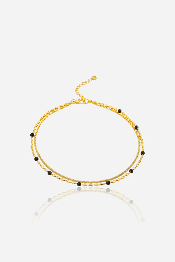 Dual Layer Black Bead Chain Bracelet in 18K PVD gold plated stainless steel