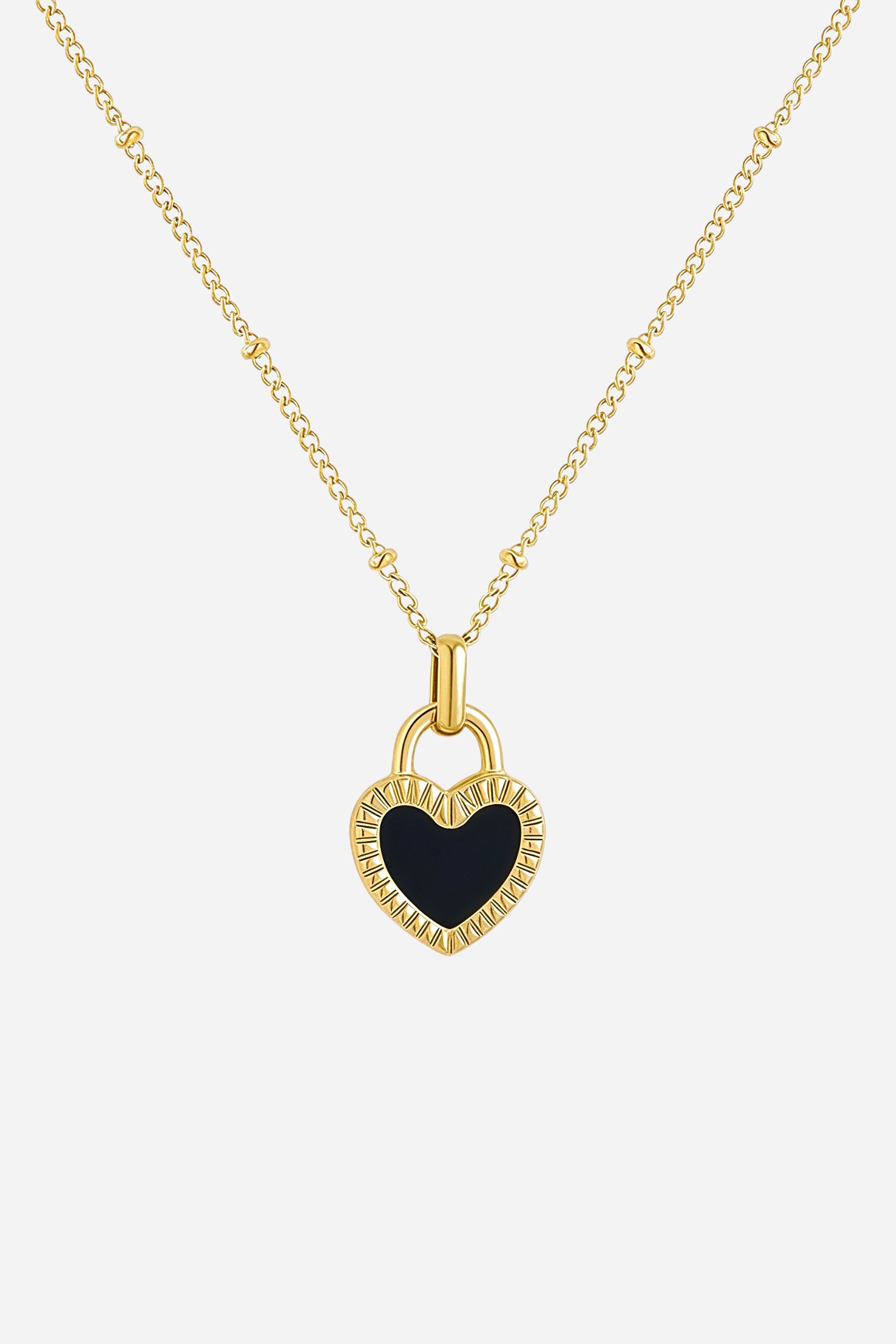 Dual-sided heart pendant necklace in 18K PVD gold-plated stainless steel, front view – GLISTIA.