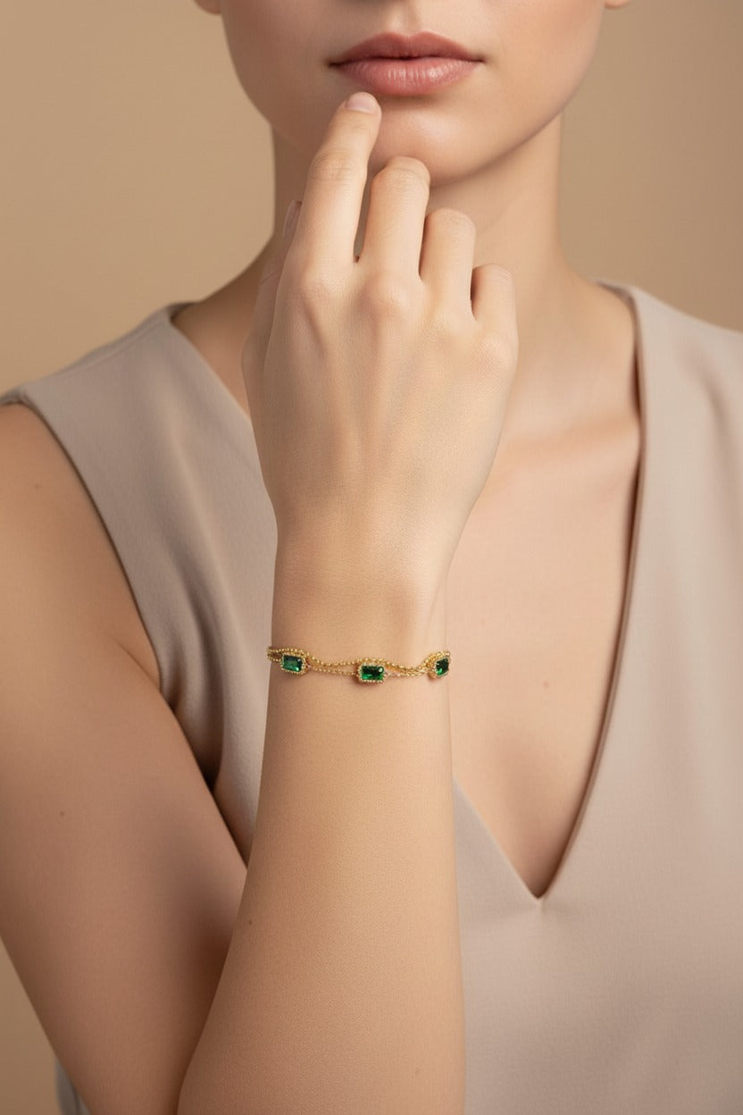 Emerald Rectangular Stone Chain bracelet in 18K PVD gold plated stainless steel with elegant green rectangular crystal detailing