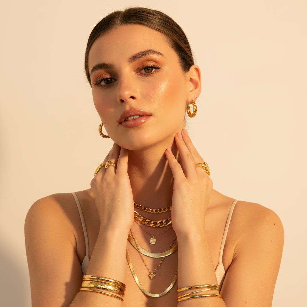 Model wearing GLISTIA 18K PVD gold-plated everyday jewellery, including layered necklaces, bracelets, earrings and rings on a beige background.