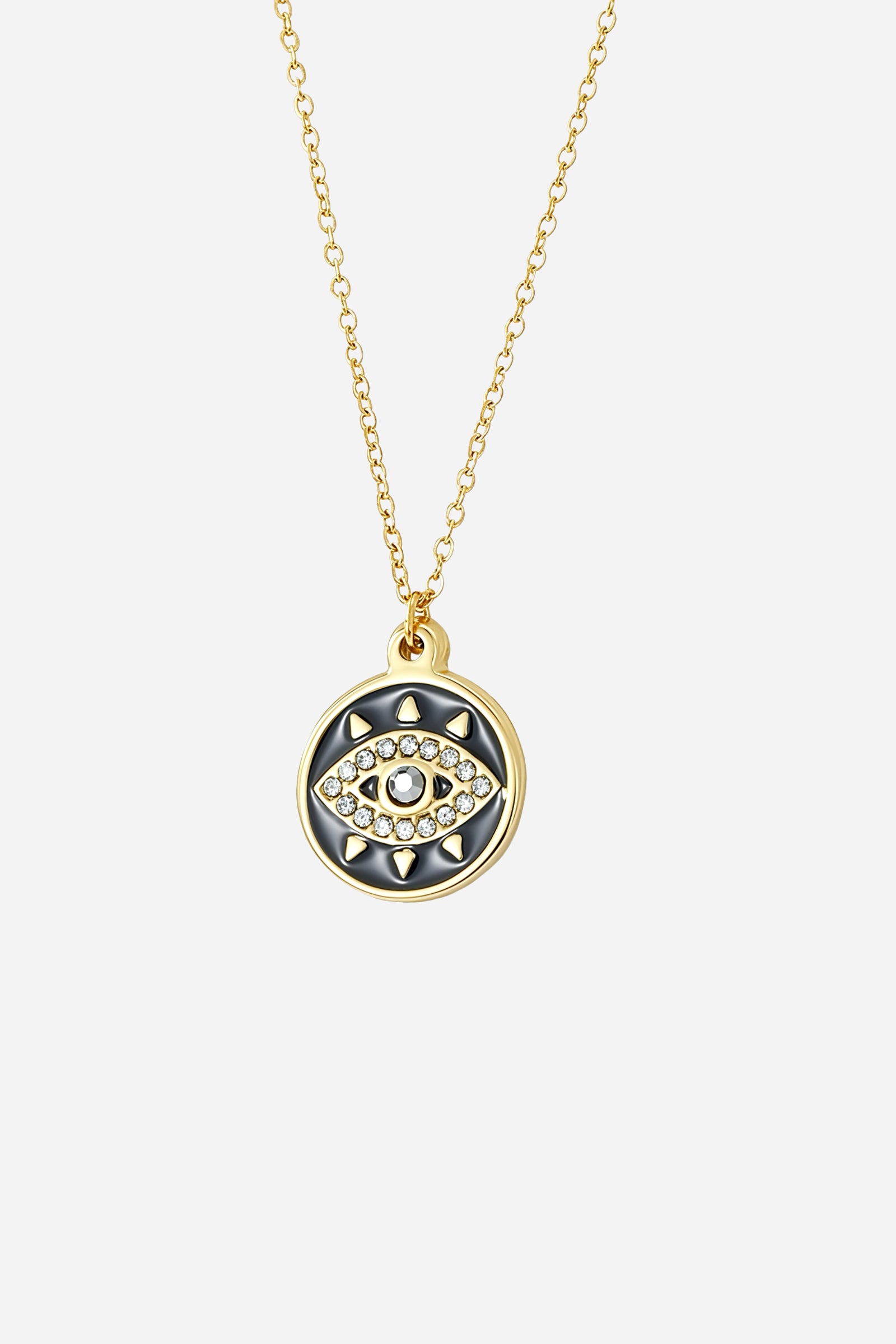 Top-view image of GLISTIA 18K gold-plated evil eye necklace with enamel detail.