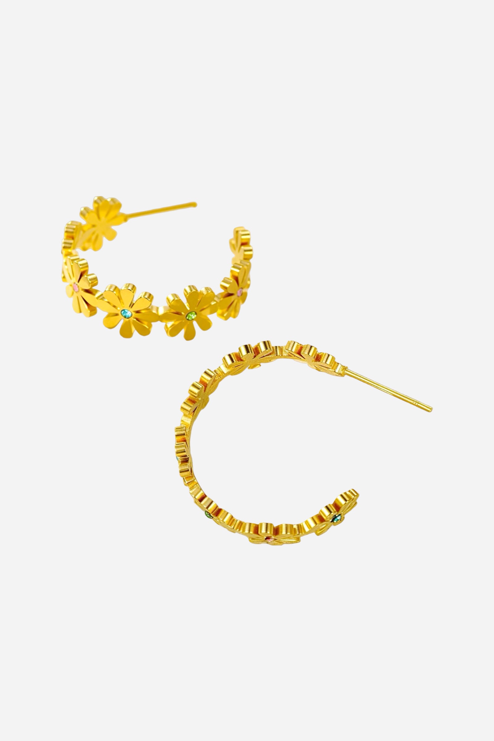 Top view of floral daisy hoop earrings in 18K gold plated stainless steel with multicolour crystal flower details – GLISTIA jewellery