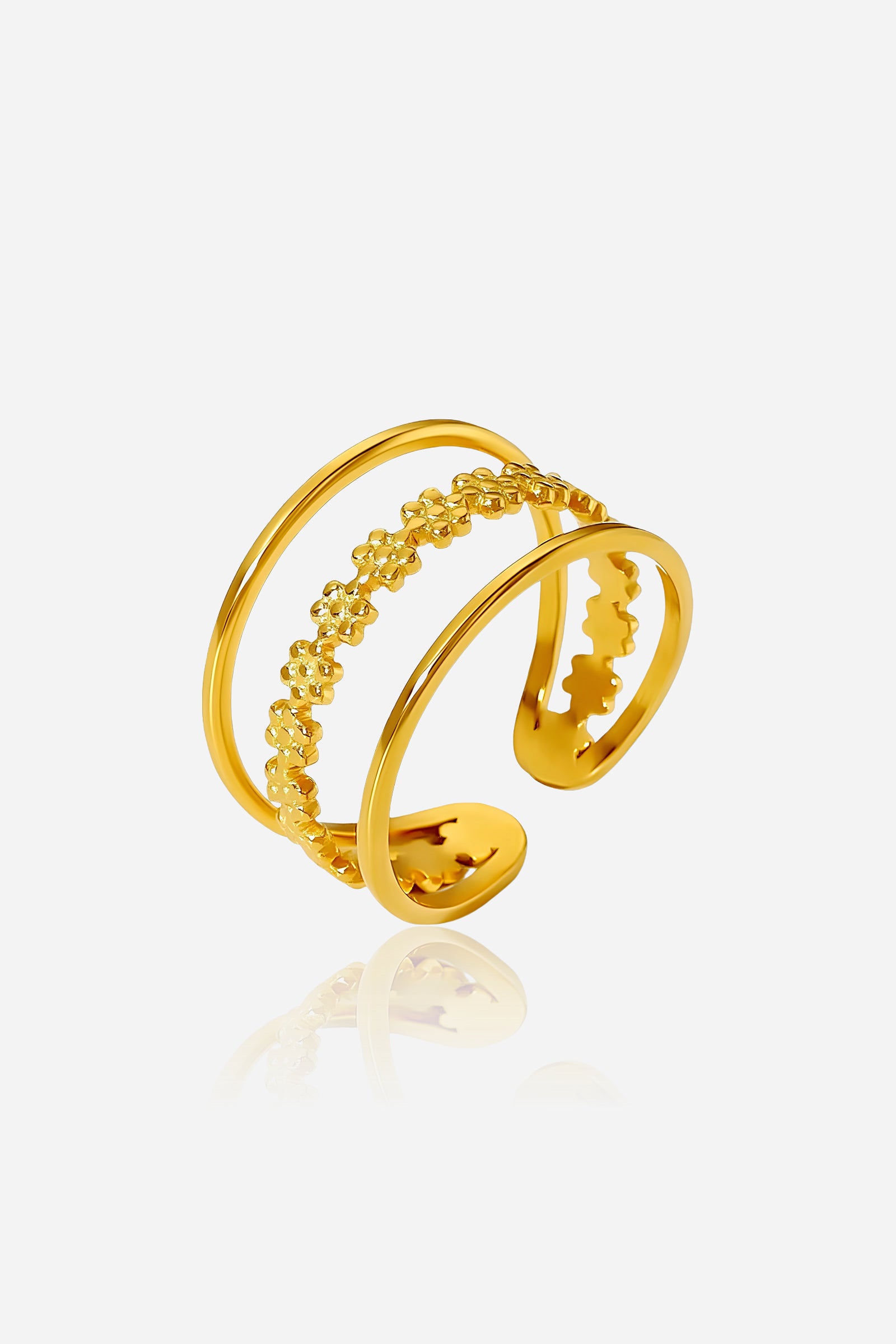 GLISTIA Floral Dual Band Adjustable Ring front view in PVD 18K gold plated stainless steel with textured floral detailing.