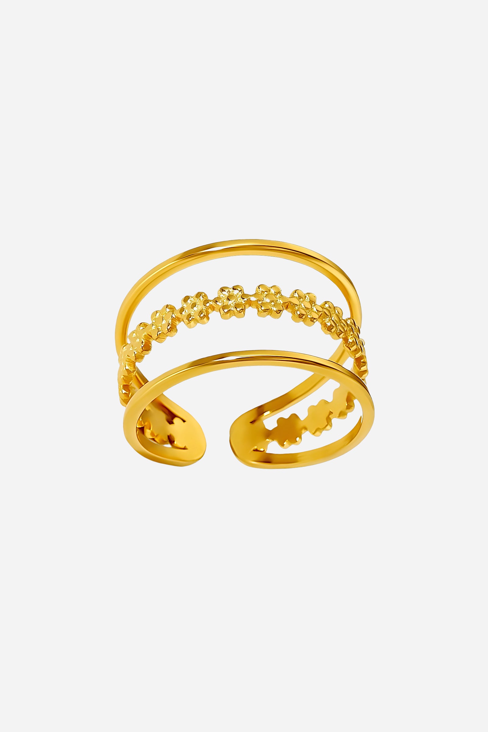 Top-view of GLISTIA double-band floral ring featuring a raised floral texture between two polished gold bands.