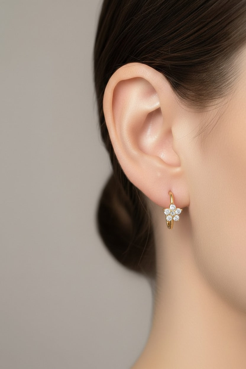 Flower zirconia hoop earrings crafted from stainless steel with 18K PVD gold plating, featuring a sparkling floral zirconia design and polished finish