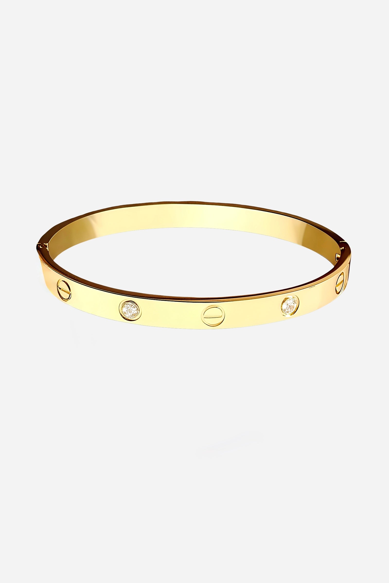 Front view of Full Screw & Crystal Bangle crafted from stainless steel with PVD 18K gold plating, featuring crystal accents and screw motif – GLISTIA.