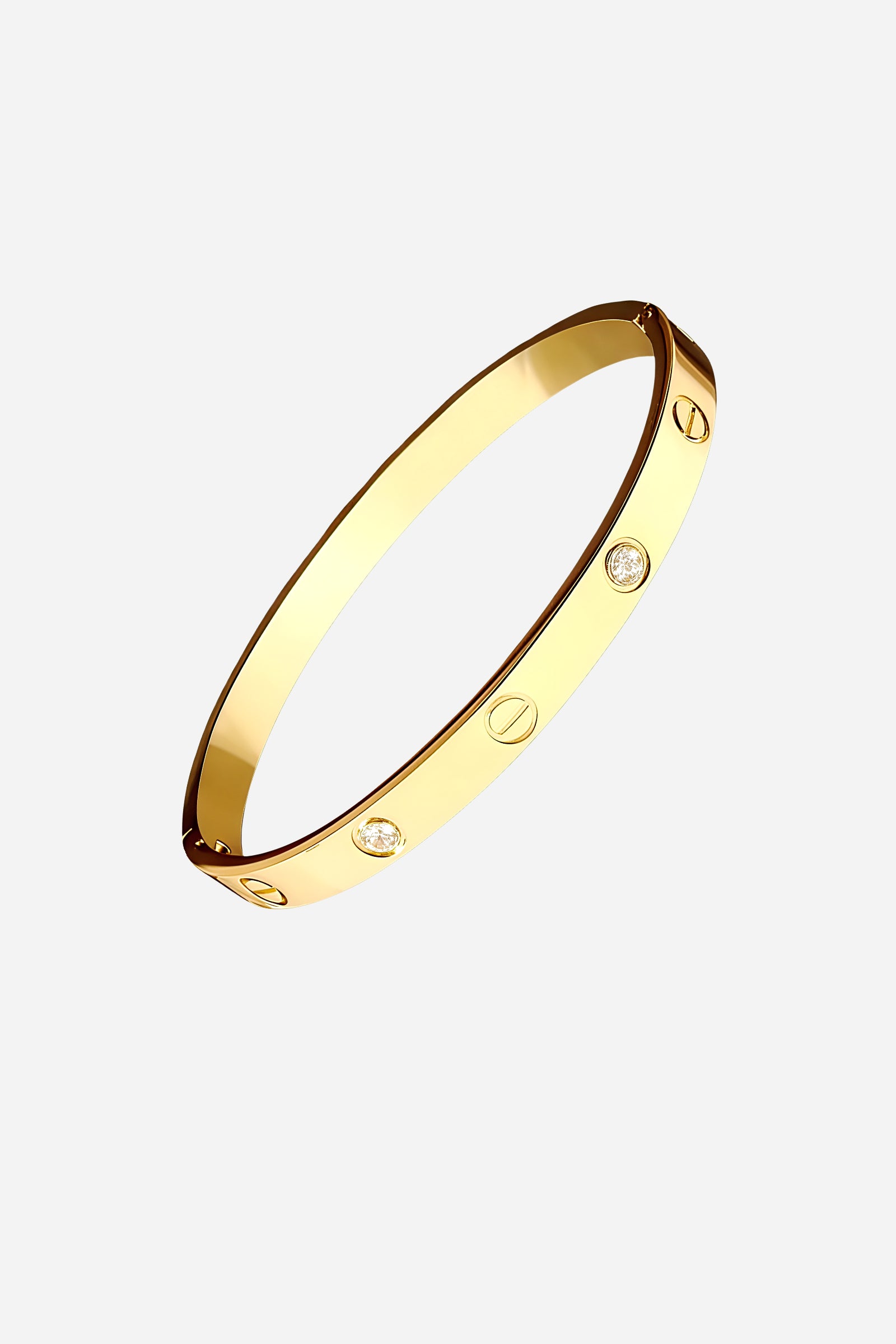 Side angle of gold-plated Full Screw & Crystal Bangle showing polished edges and crystal-inset screws – GLISTIA