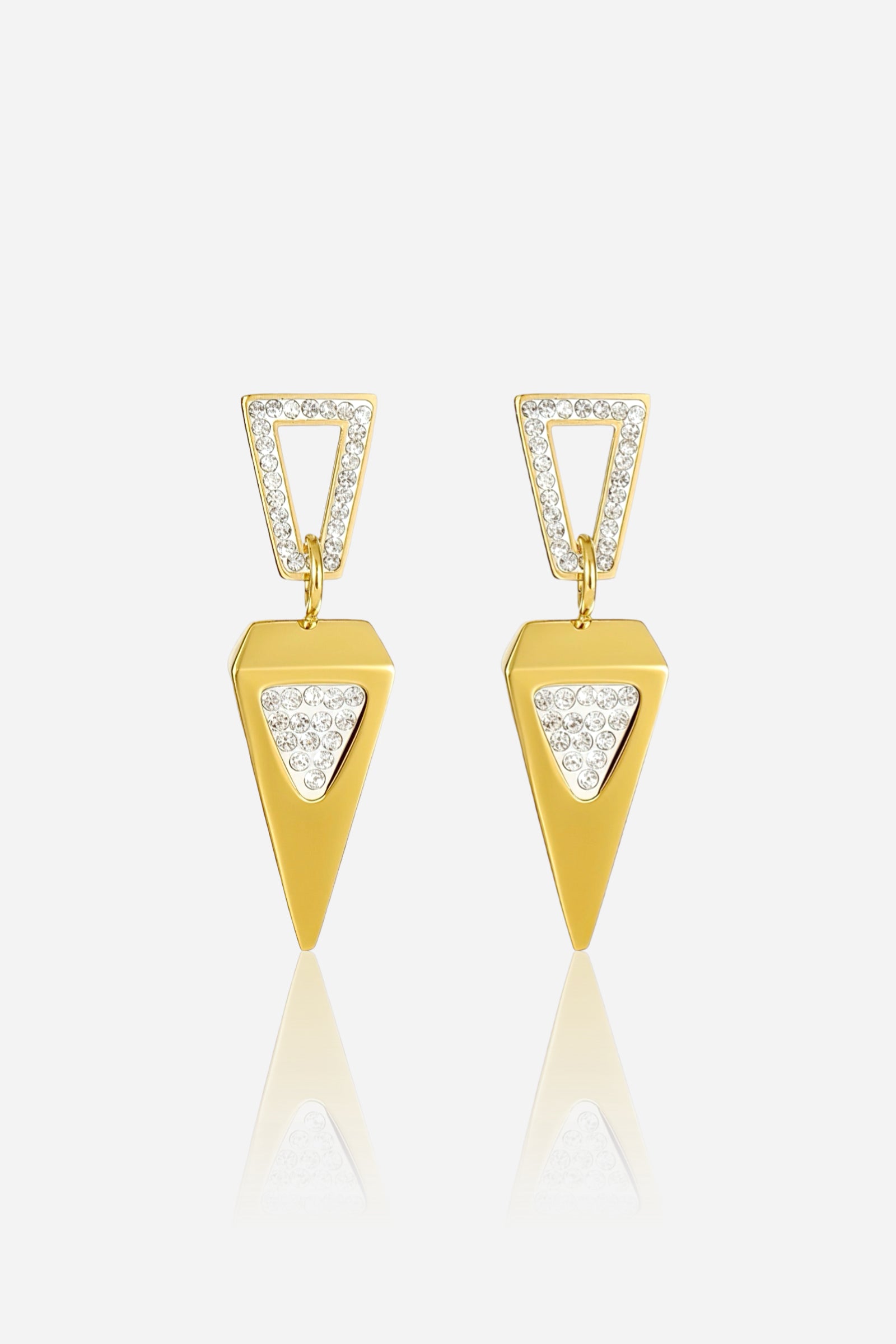 Geometric crystal triangle drop earrings crafted from stainless steel with a radiant PVD 18K gold plated finish, featuring angular triangular shapes with pavé crystal detailing - GLISTIA.