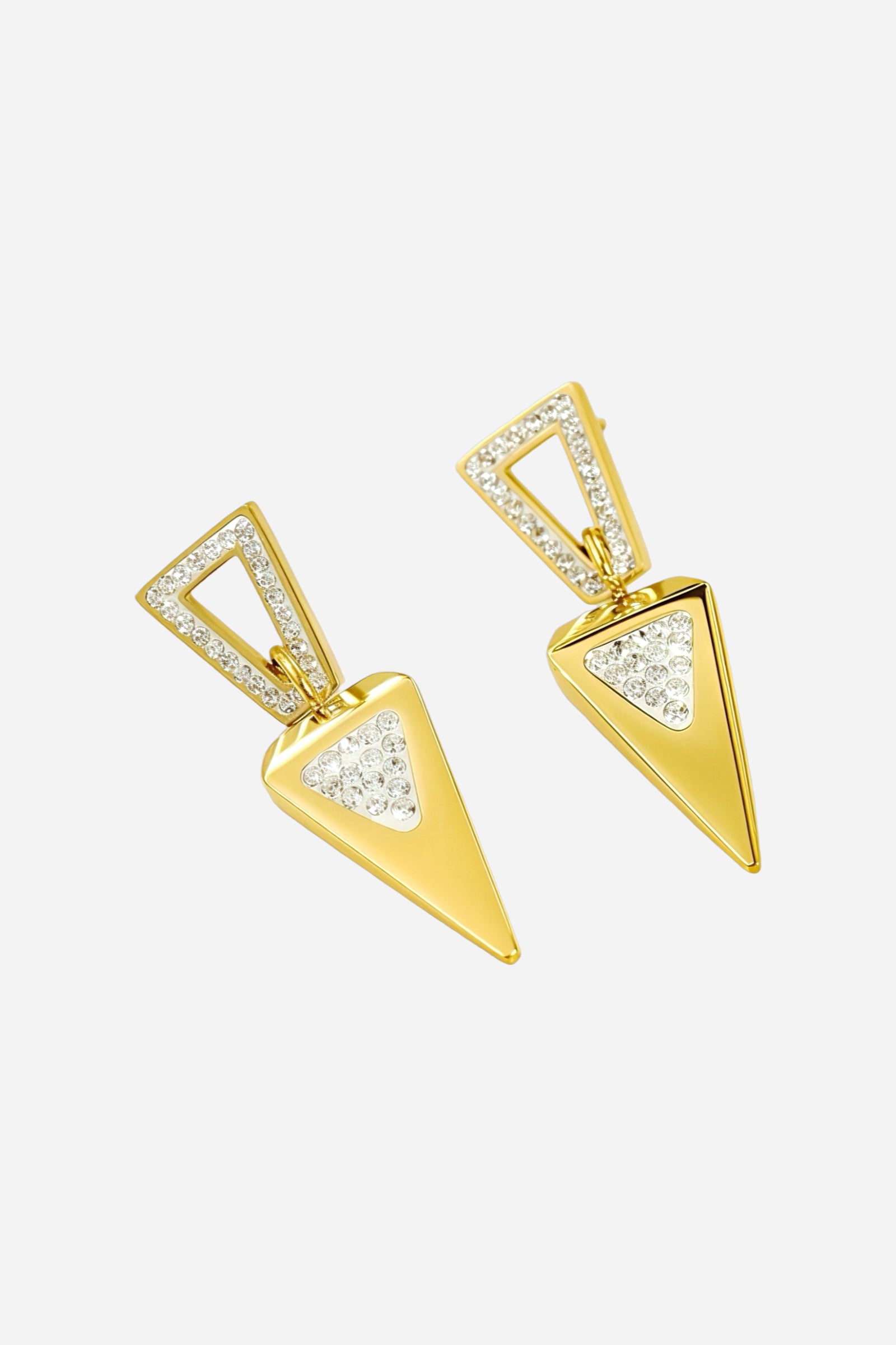 Close-up view of geometric crystal triangle drop earrings crafted from stainless steel with a radiant PVD 18K gold plated finish, showcasing pavé crystal-lined triangular shapes - GLISTIA.