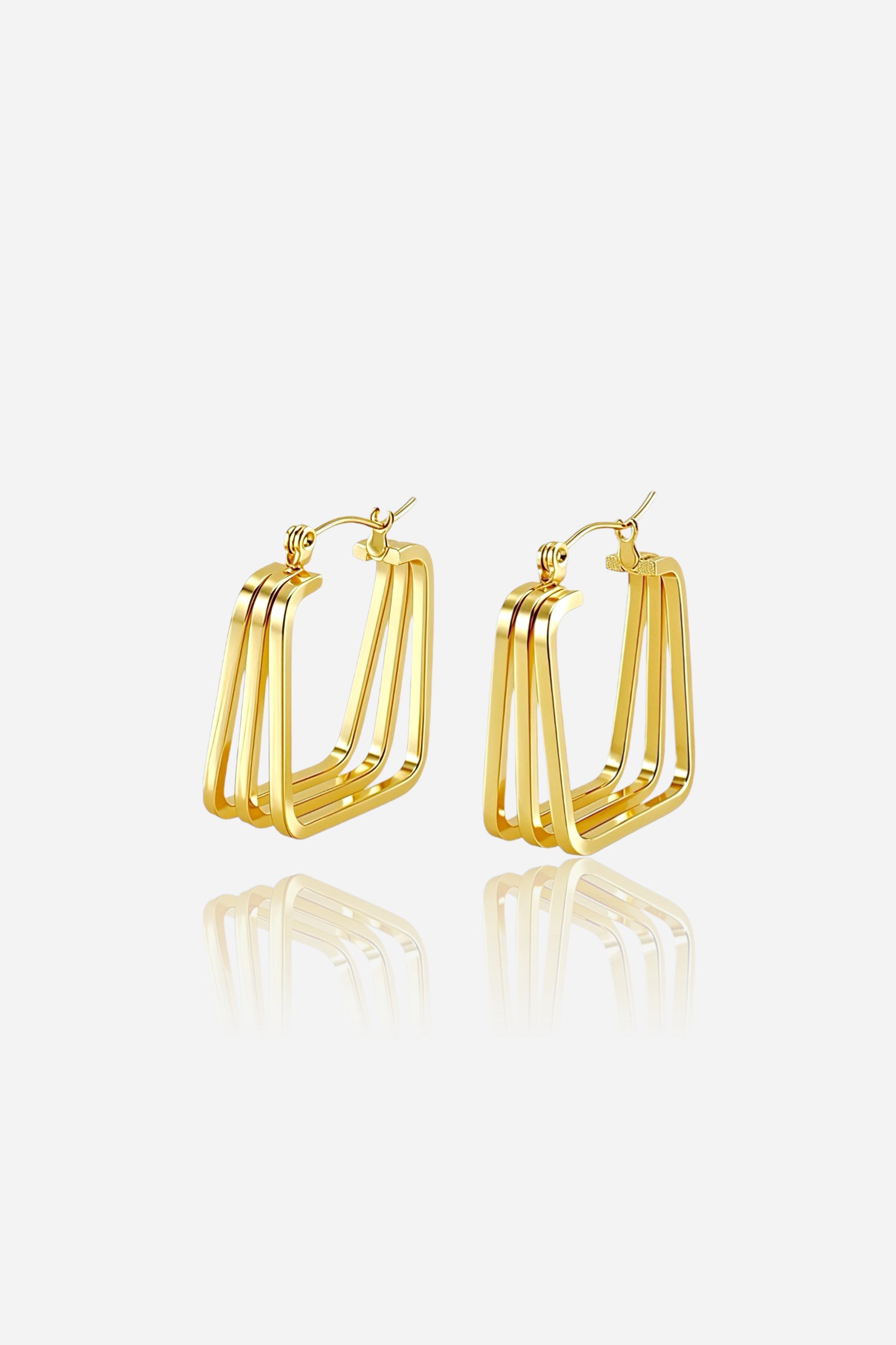 Front view of geometric multi-bar hoop earrings crafted in stainless steel with a polished 18K gold plated finish, featuring a bold angular design with parallel bar layers – GLISTIA