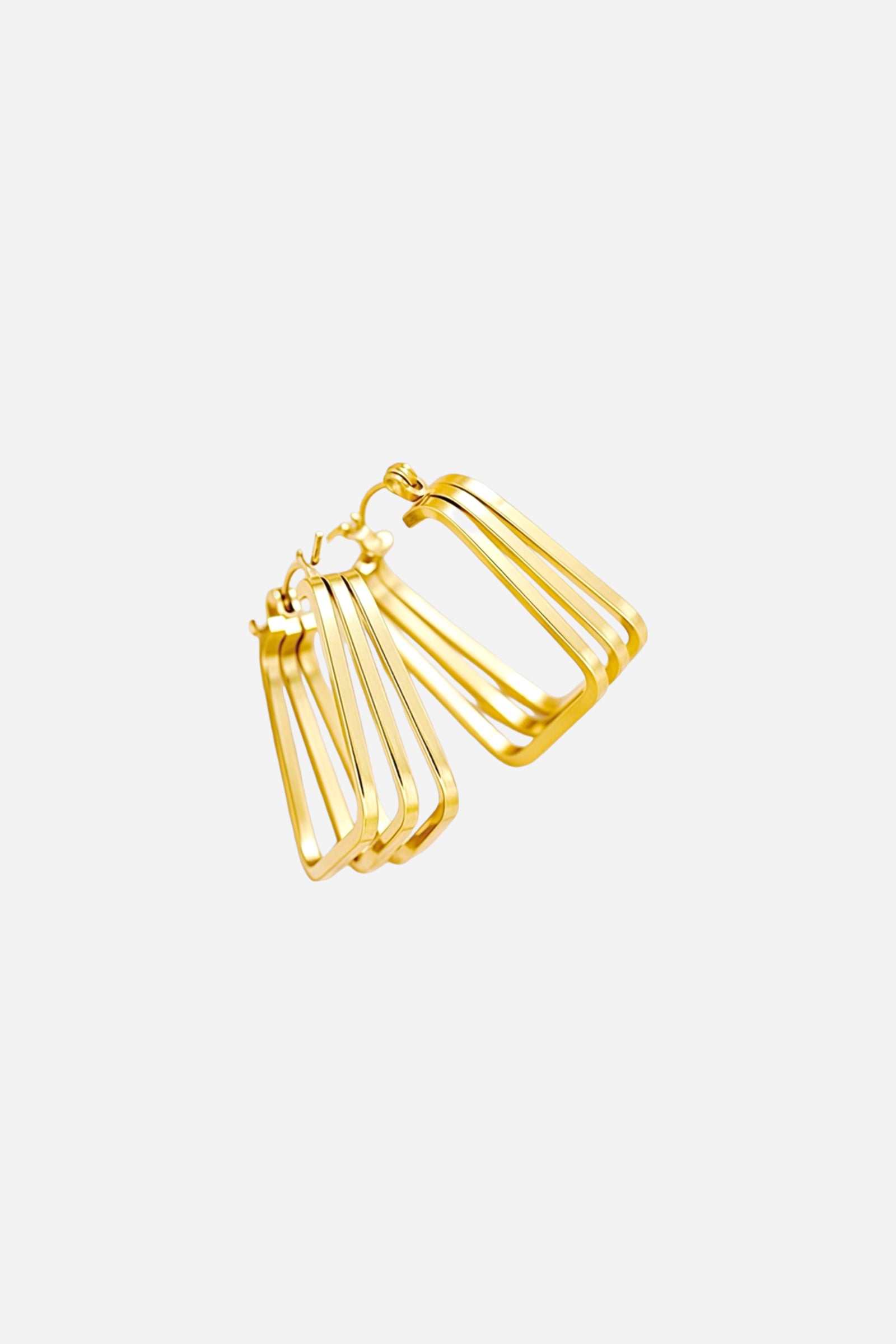 Top view of geometric multi-bar hoop earrings made from stainless steel with a polished 18K gold plated finish, showcasing layered rectangular bars in a sculptural modern design – GLISTIA