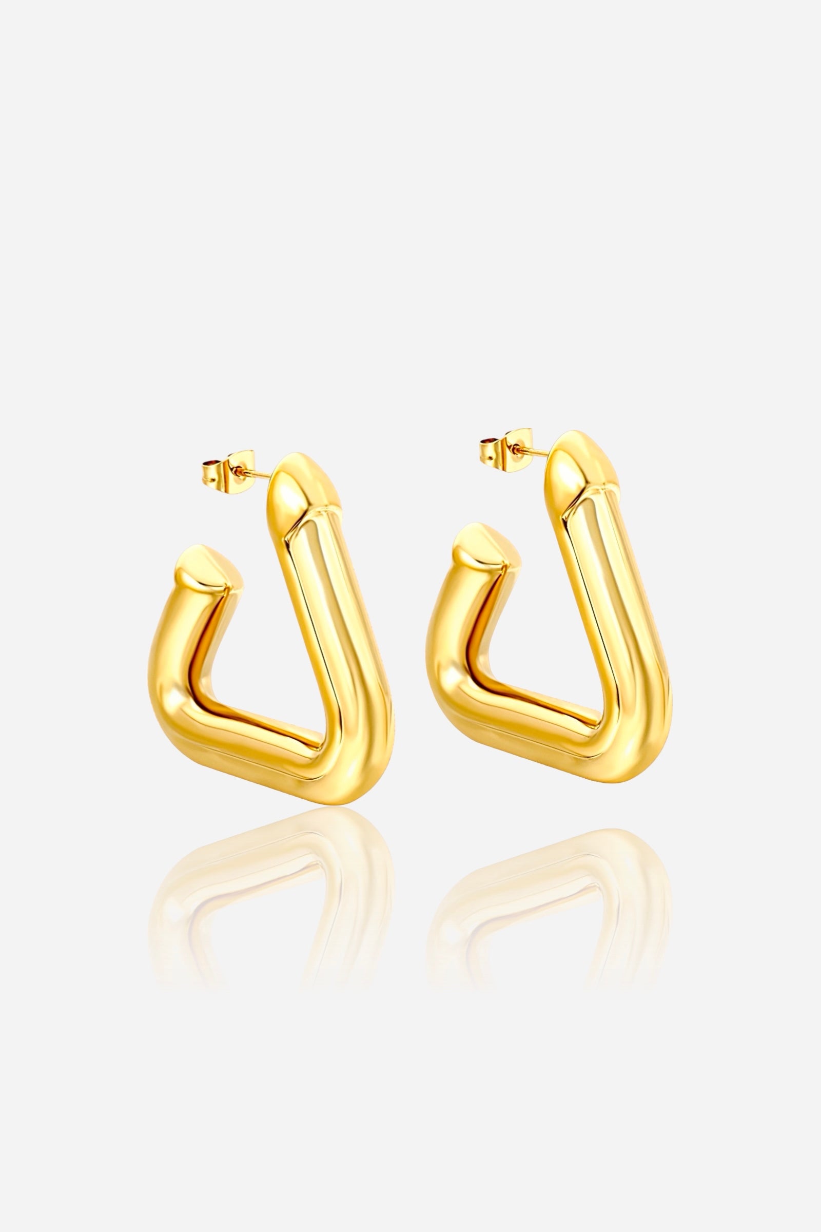 High-shine geometric triangle hoop earrings crafted from stainless steel with PVD 18K gold plating, featuring a bold modern design with a reflective polished finish – GLISTIA