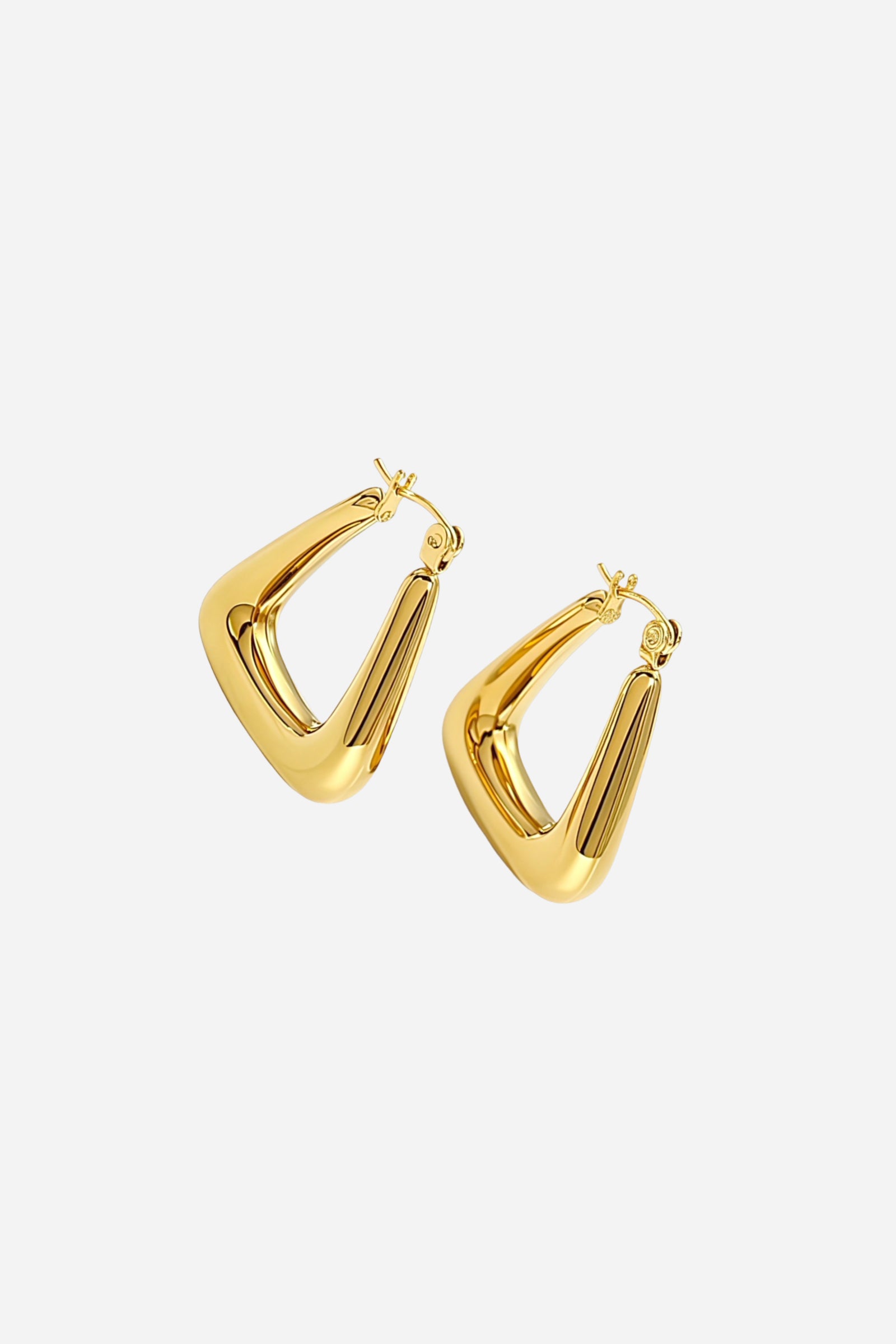 Side view of geometric triangle hoop earrings made from stainless steel with a mirror-polished PVD 18K gold-plated finish, highlighting the bold modern shape and refined contours – GLISTIA.