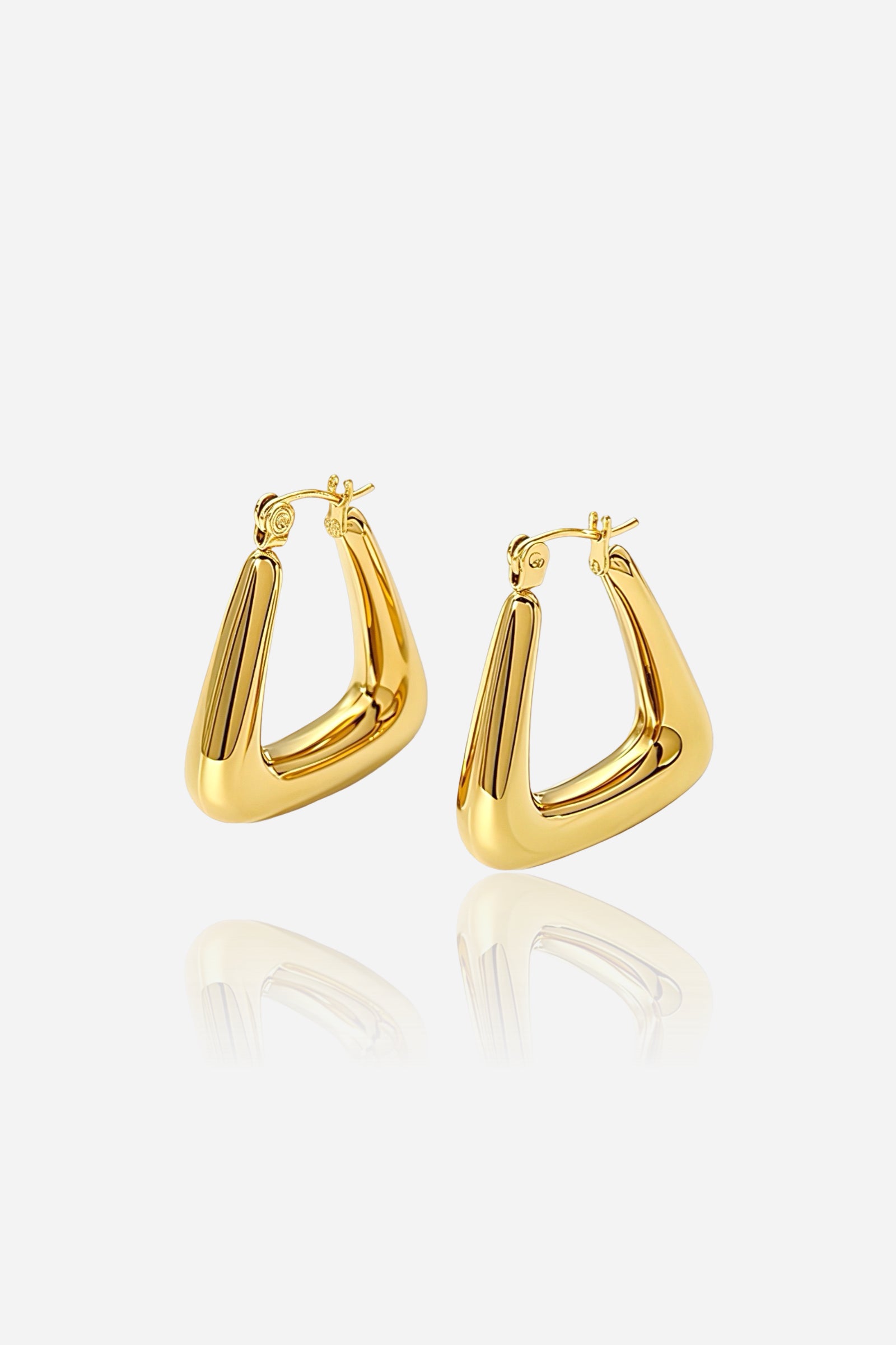 Geometric triangle hoop earrings crafted from high-polish stainless steel with a smooth PVD 18K gold-plated finish, featuring a modern angular silhouette and latch-back closure – GLISTIA.